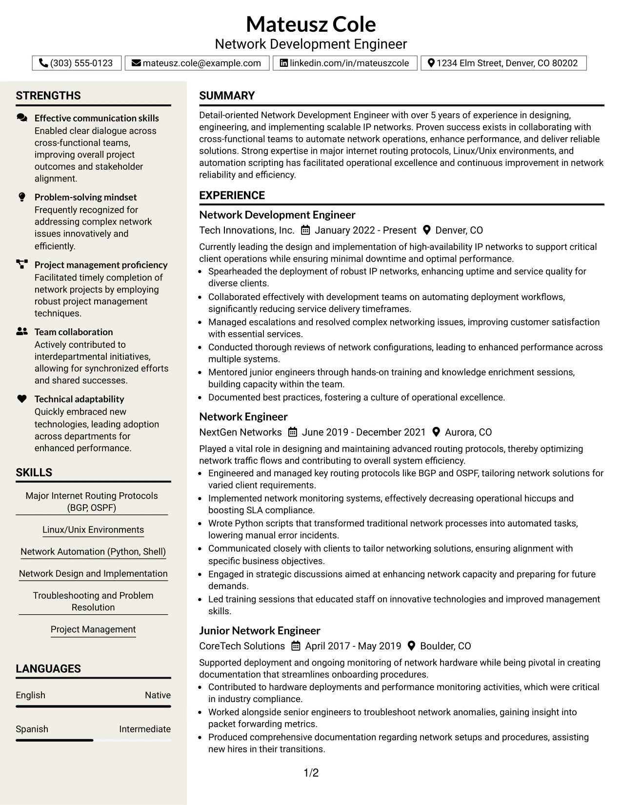 Resume Example Page 1
