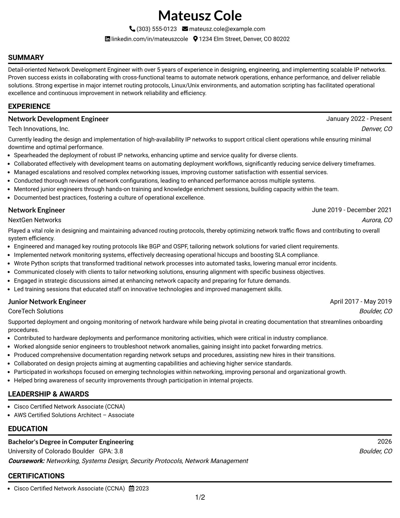 Resume Example Page 1