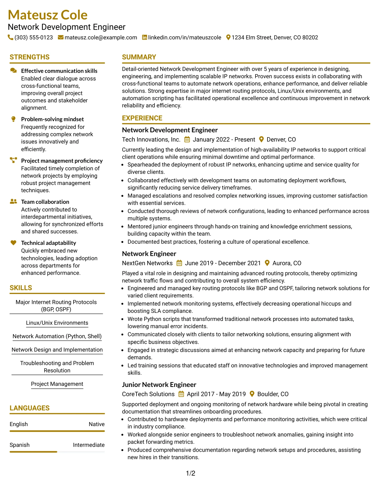 Resume Example Page 1