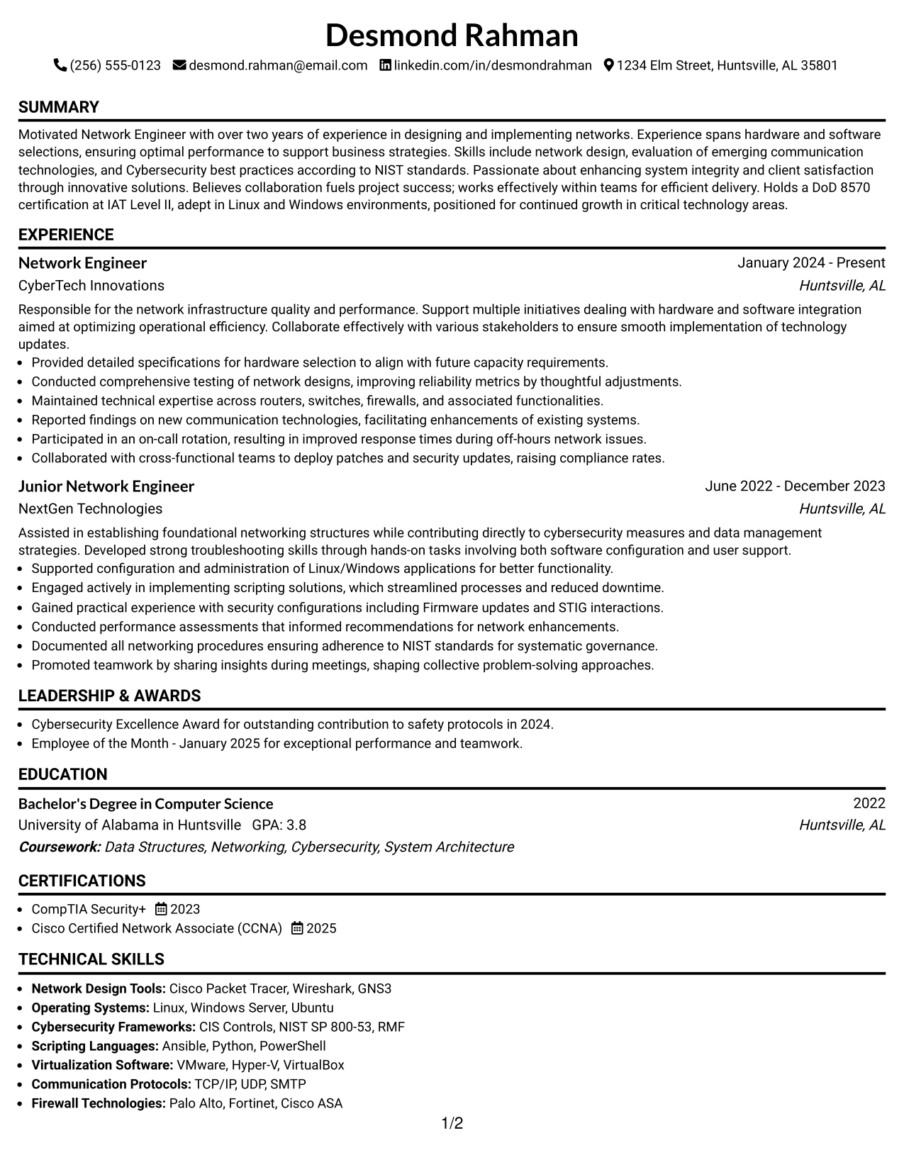 Resume Example Page 1
