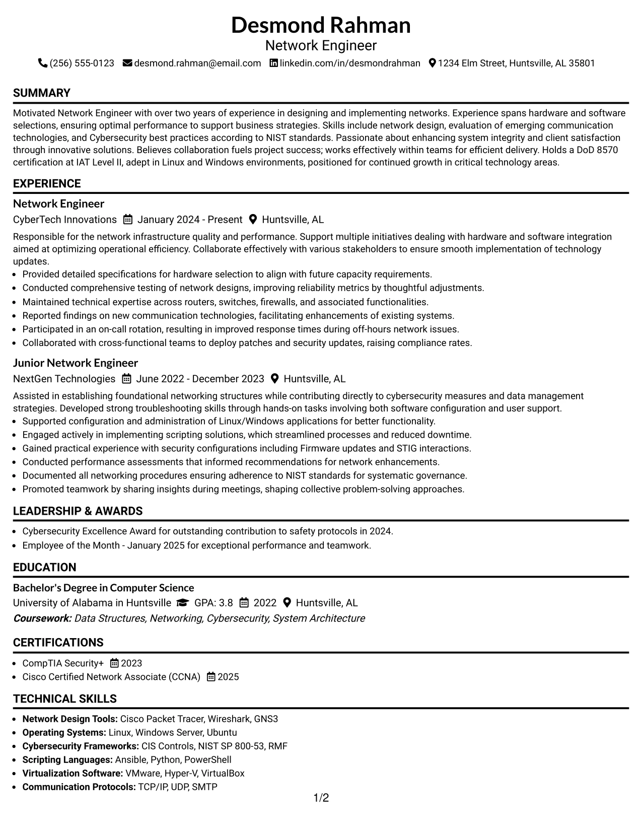 Resume Example Page 1