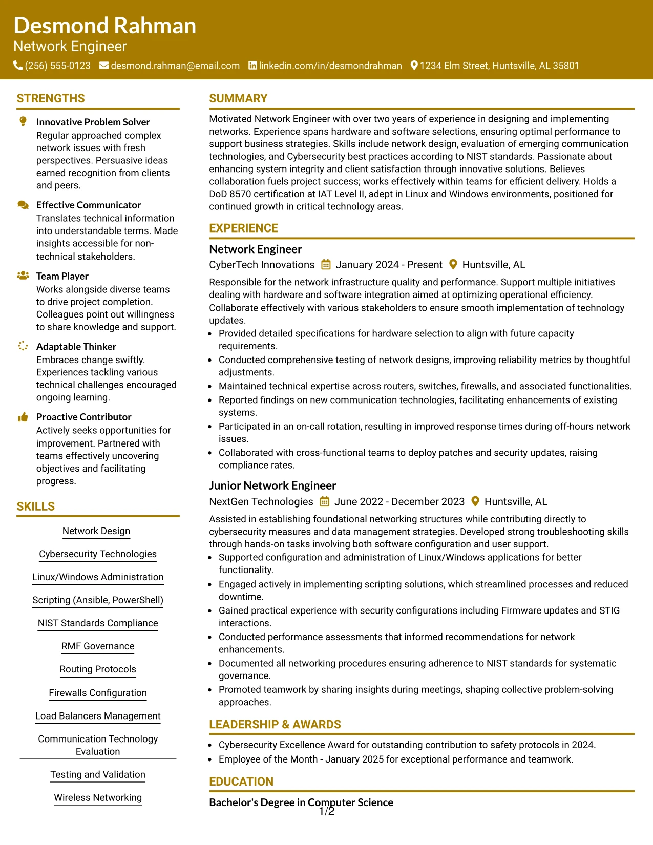 Resume Example Page 1