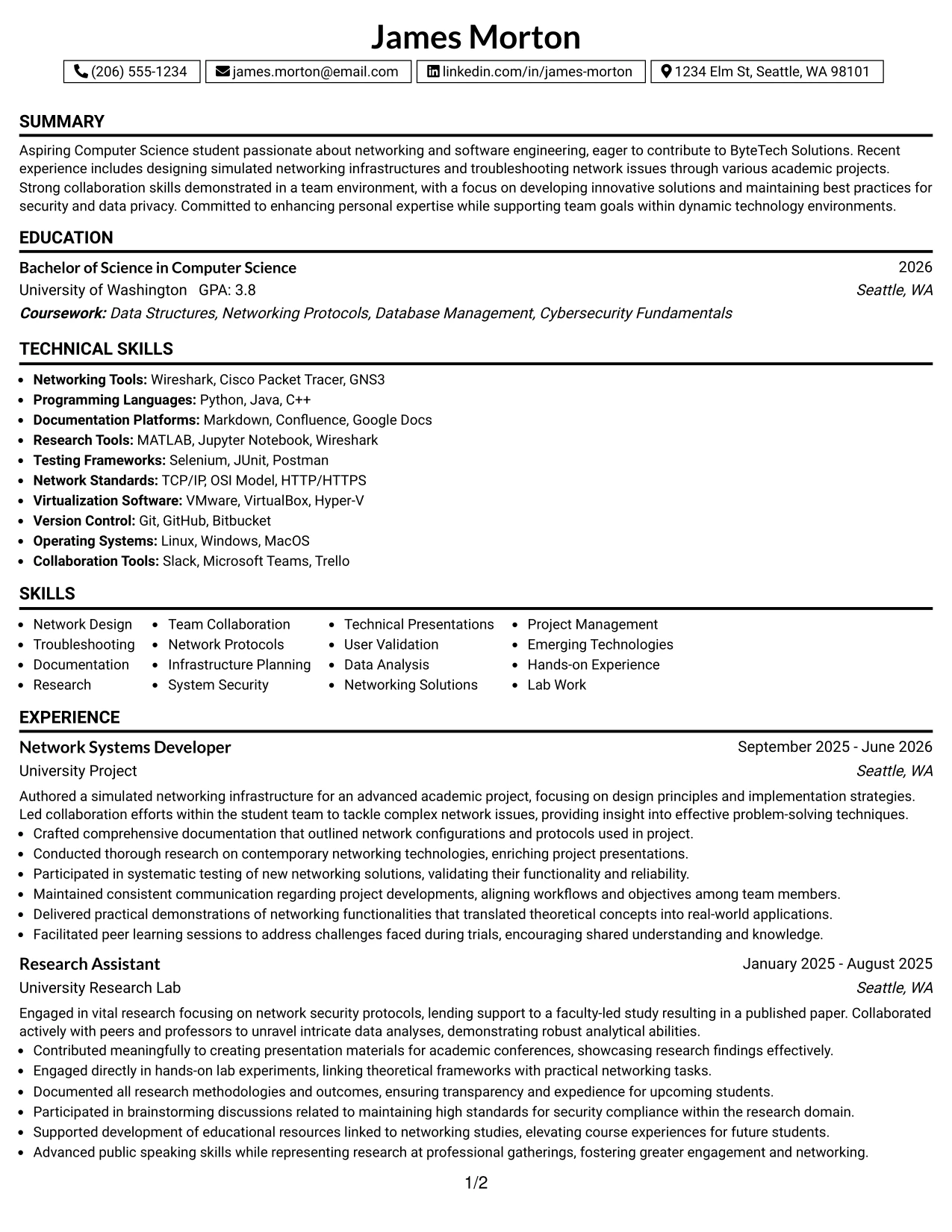 Resume Example Page 1