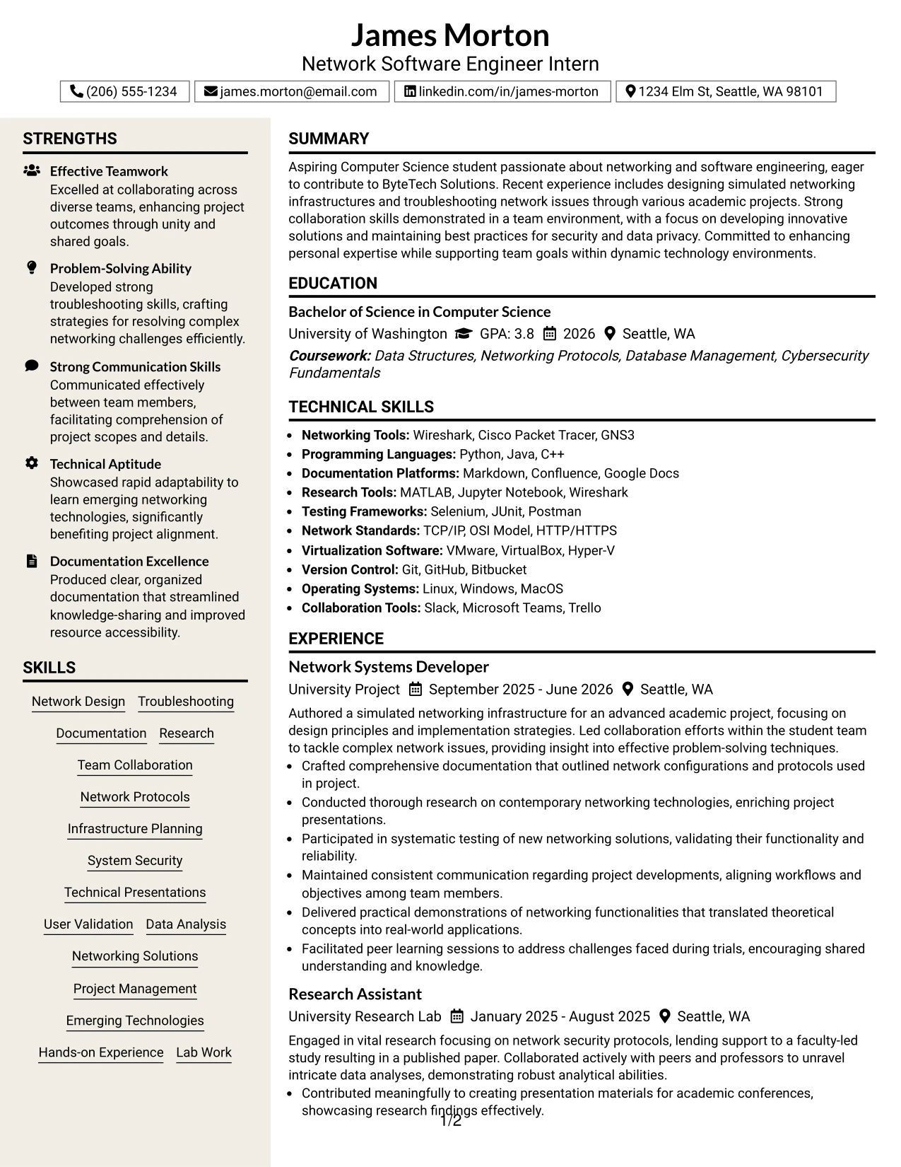 Resume Example Page 1
