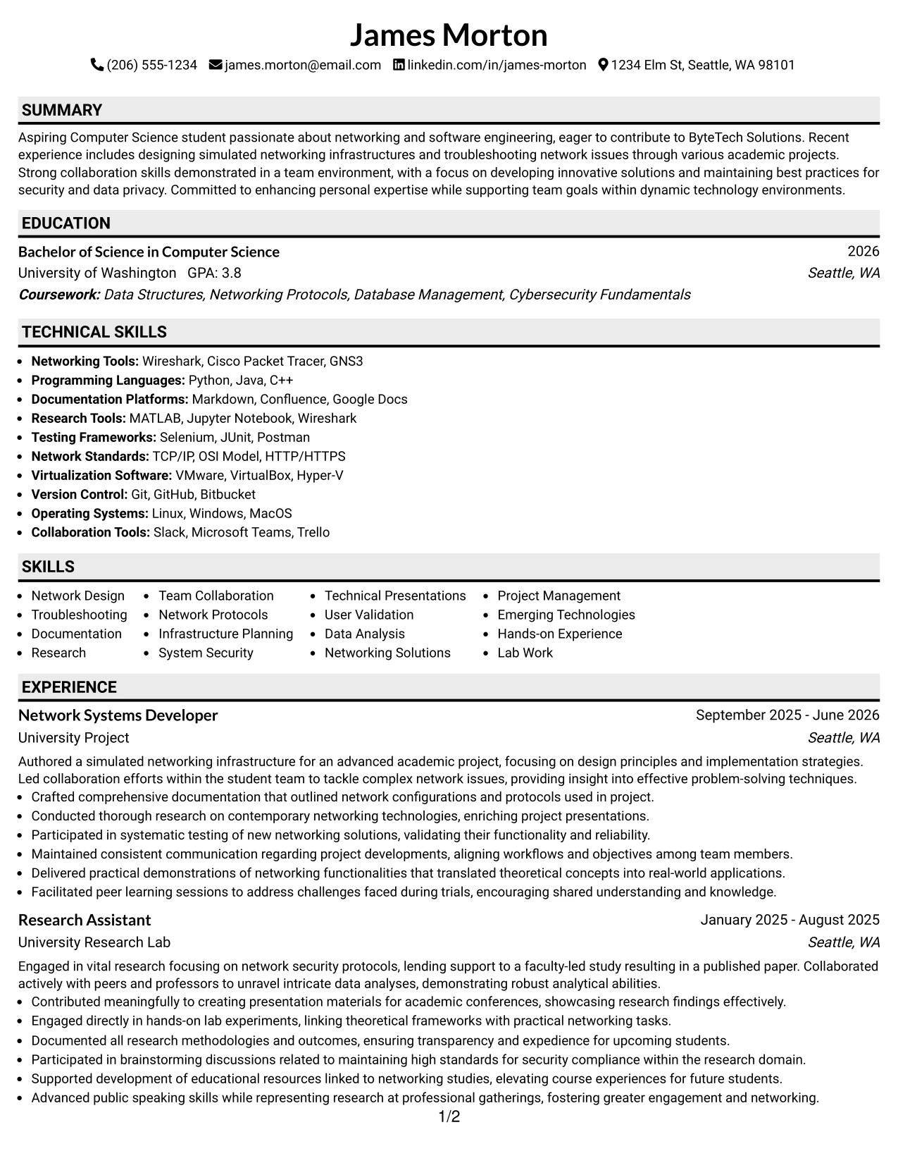 Resume Example Page 1