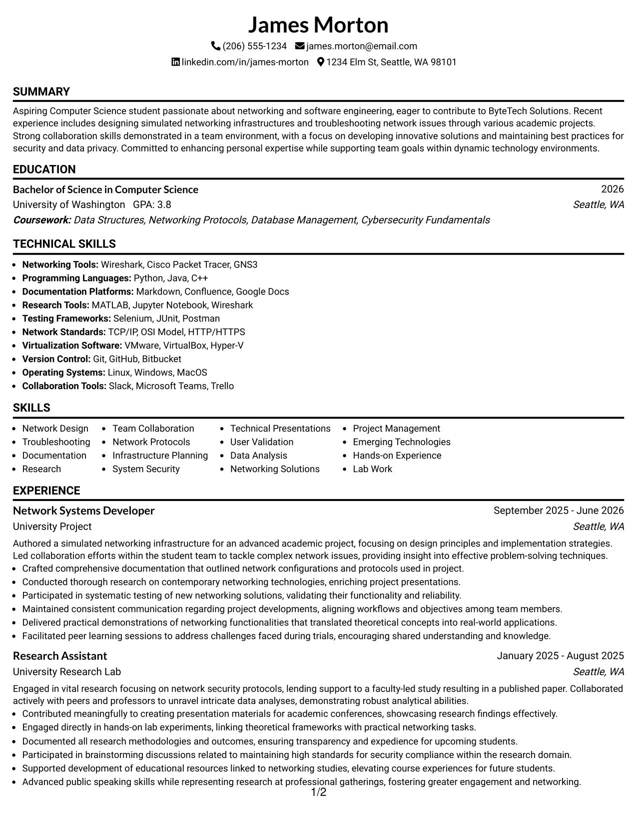 Resume Example Page 1