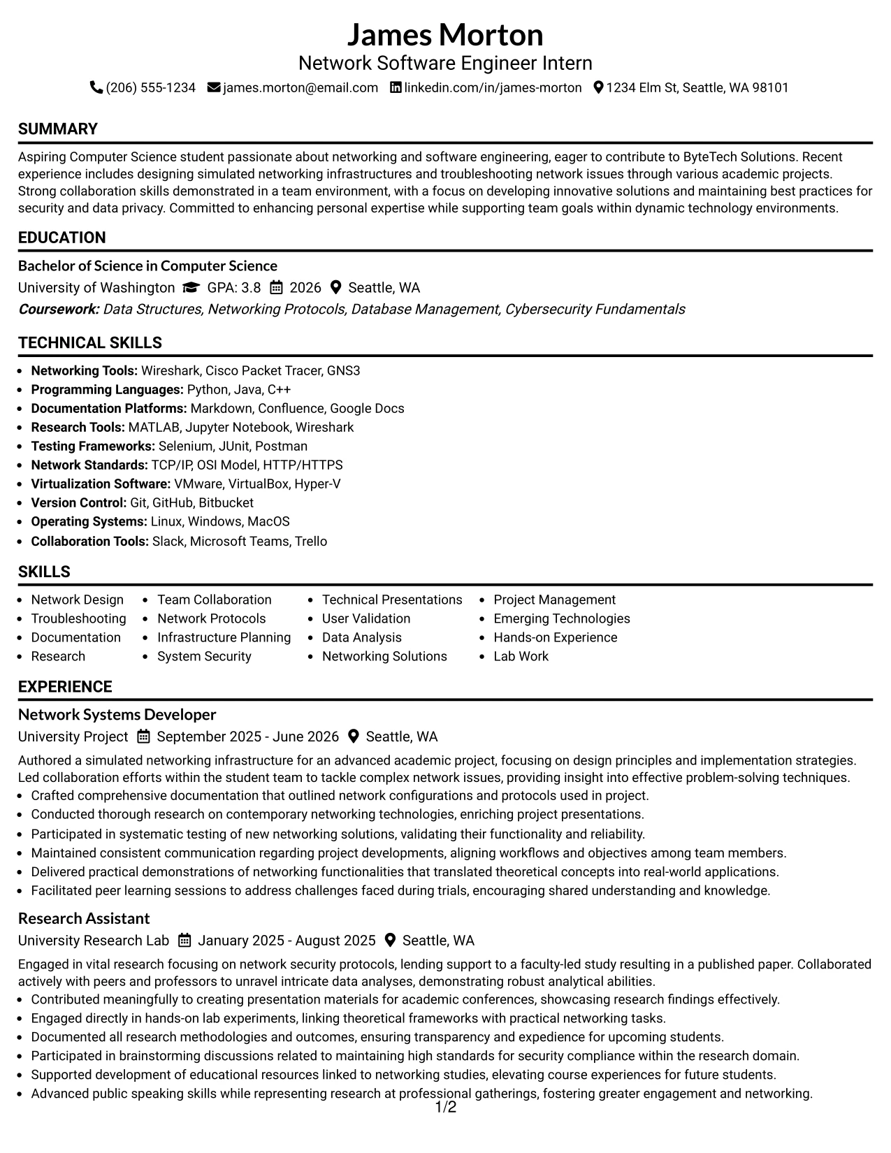 Resume Example Page 1