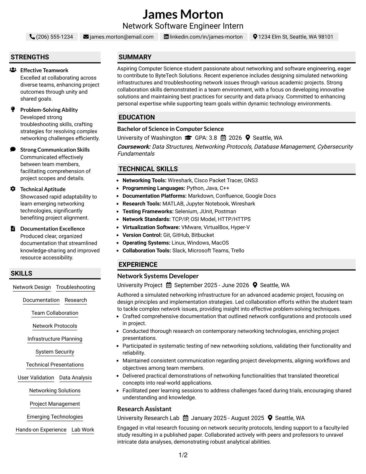 Resume Example Page 1