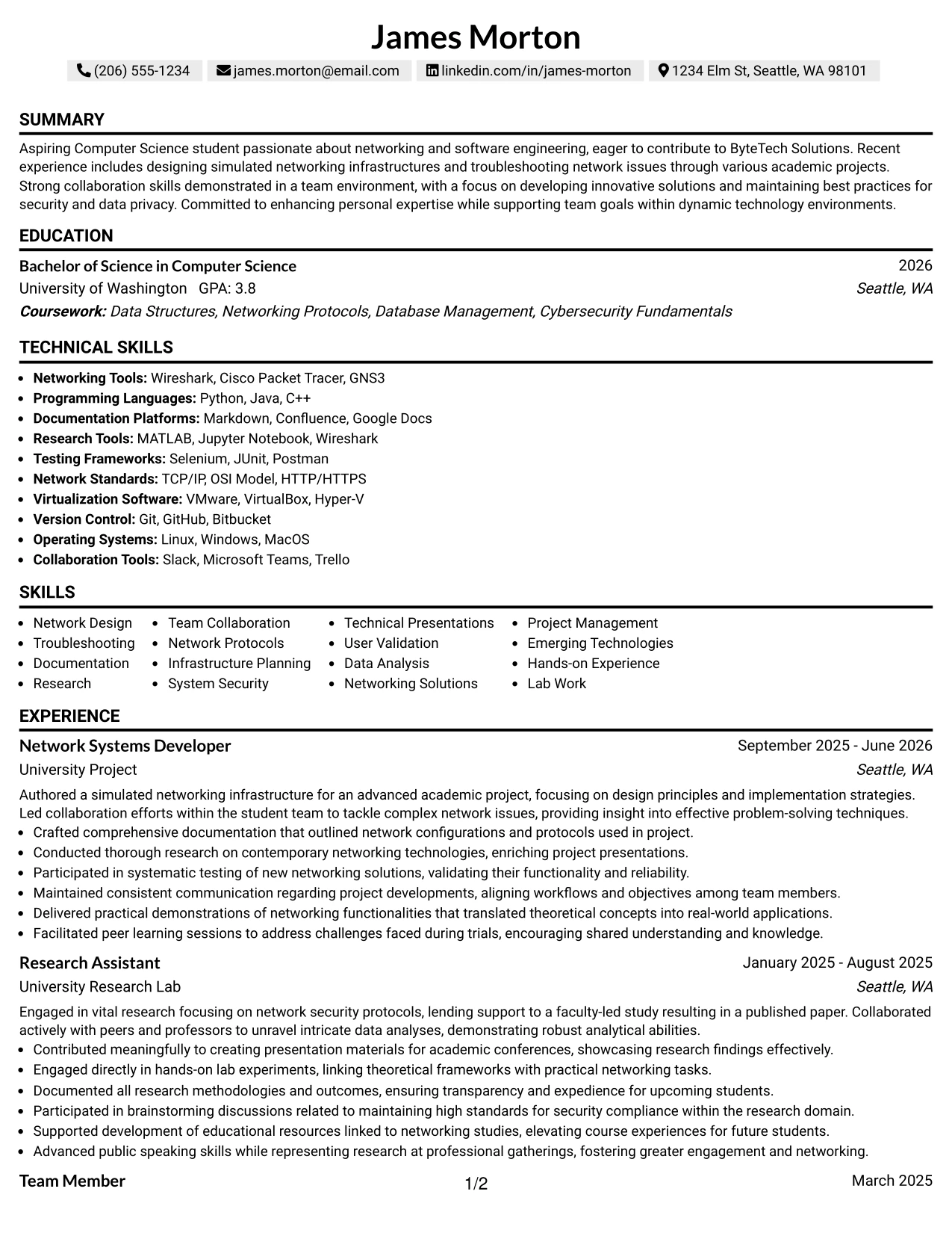 Resume Example Page 1