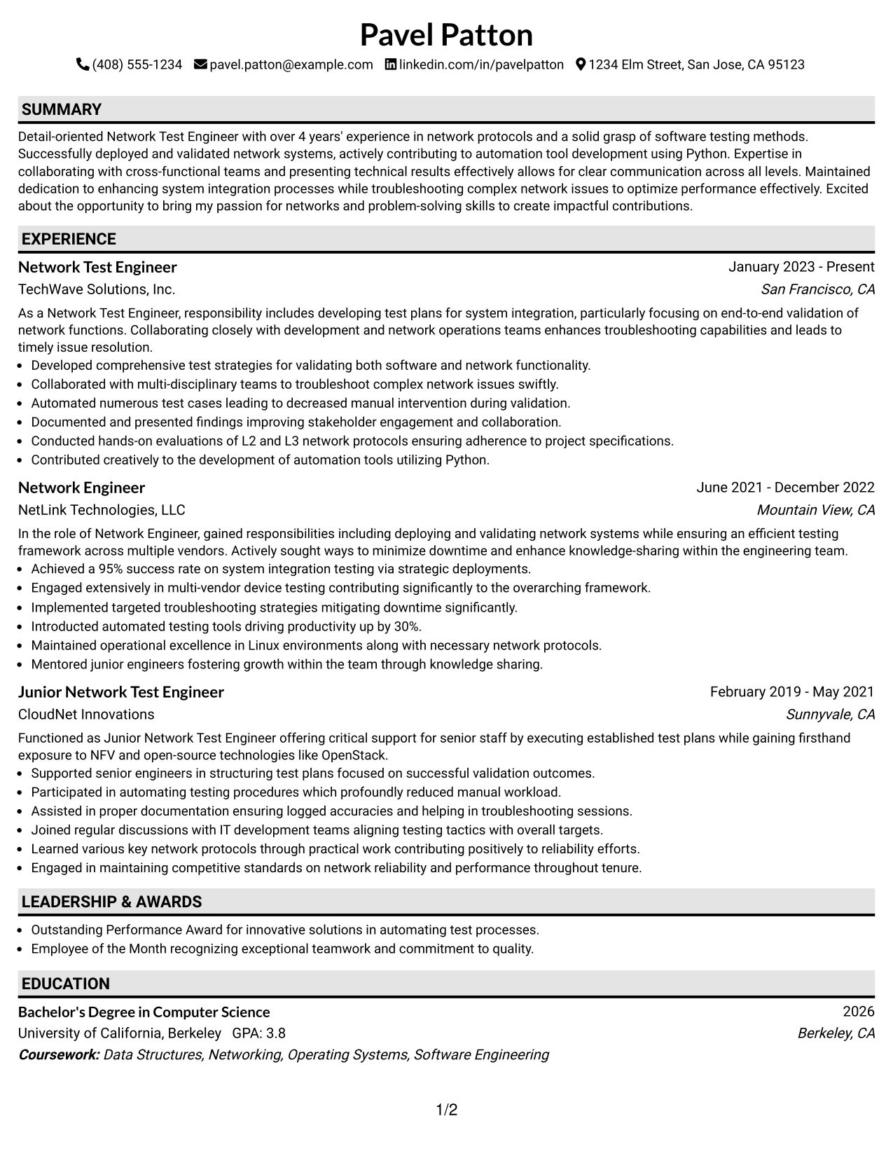 Resume Example Page 1