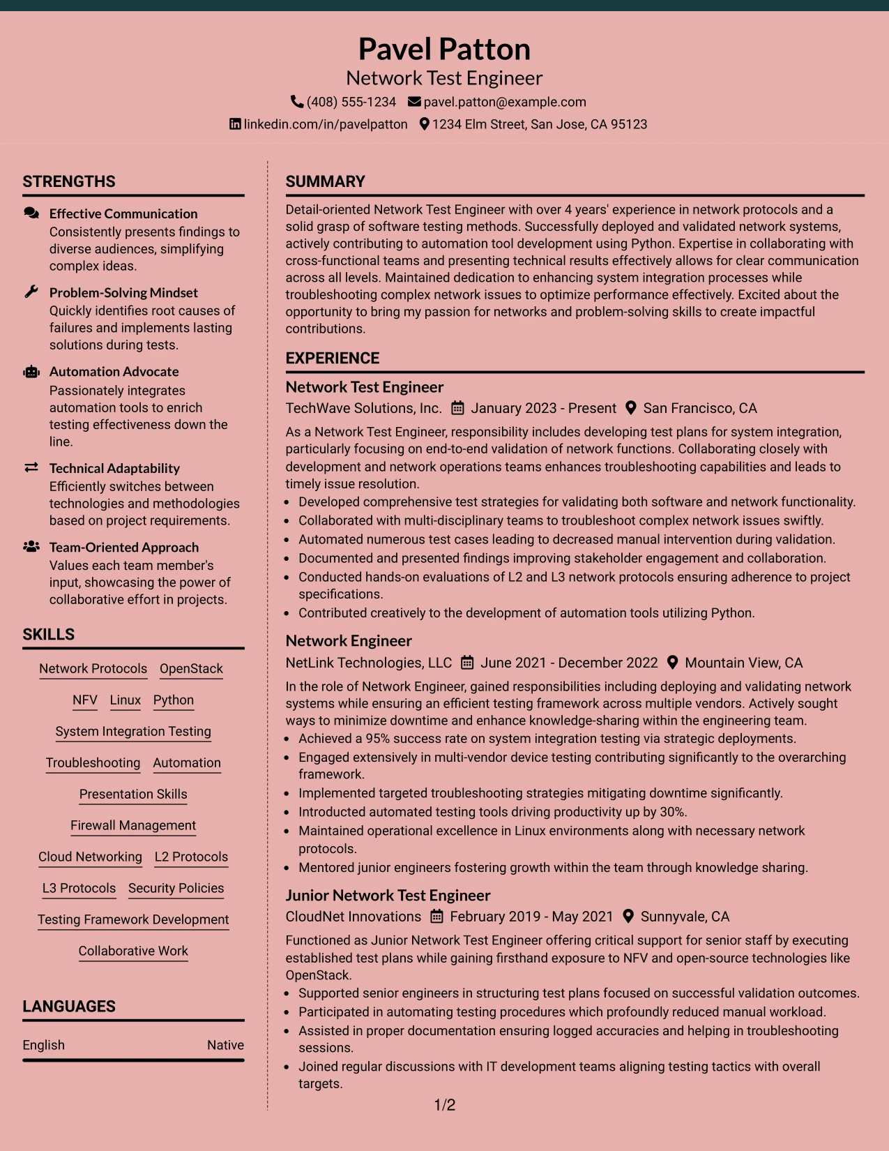 Resume Example Page 1