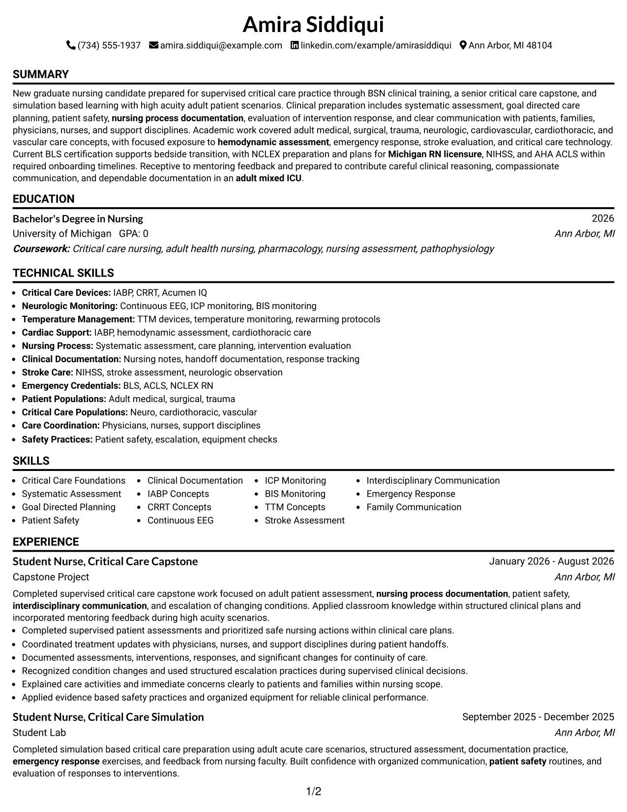 Resume Example Page 1