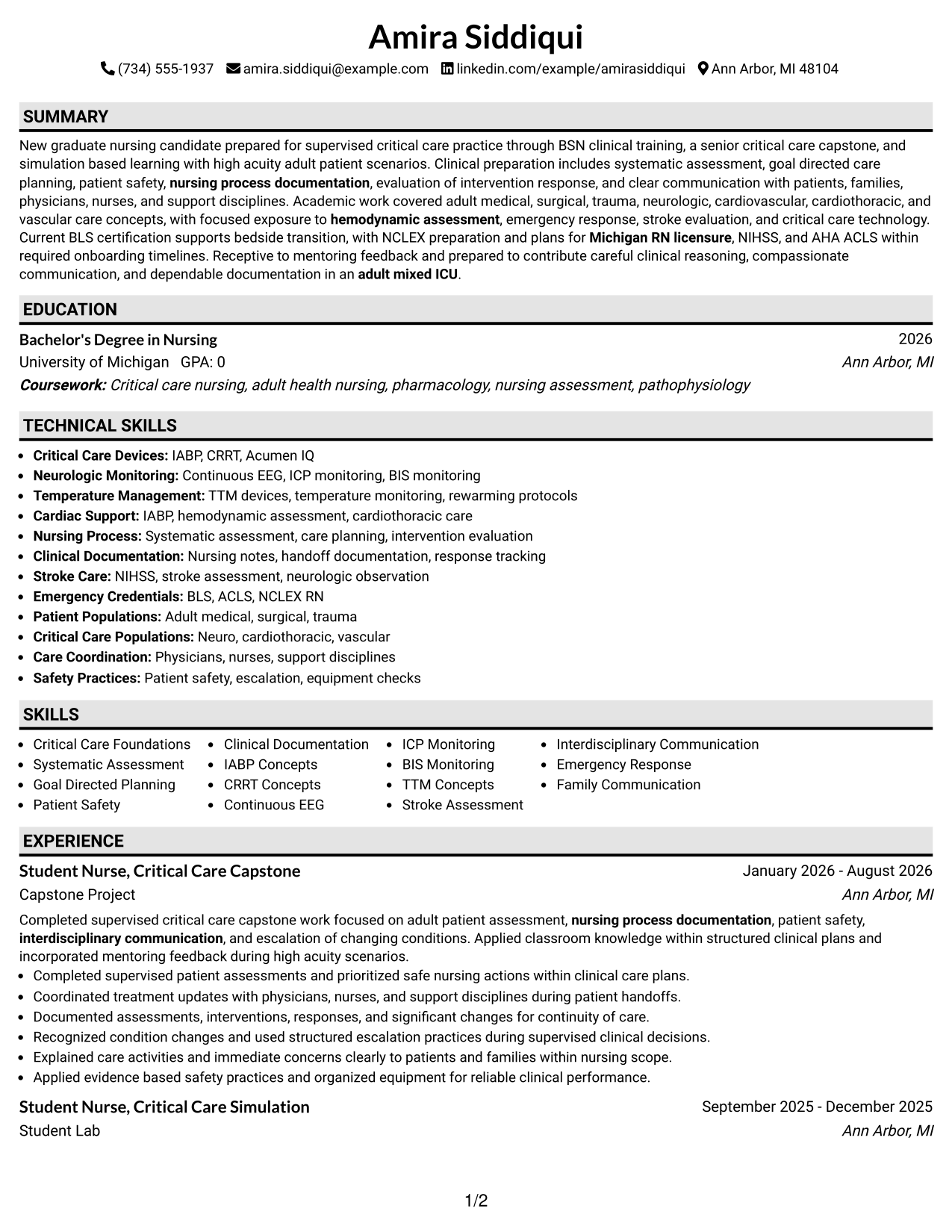 Resume Example Page 1