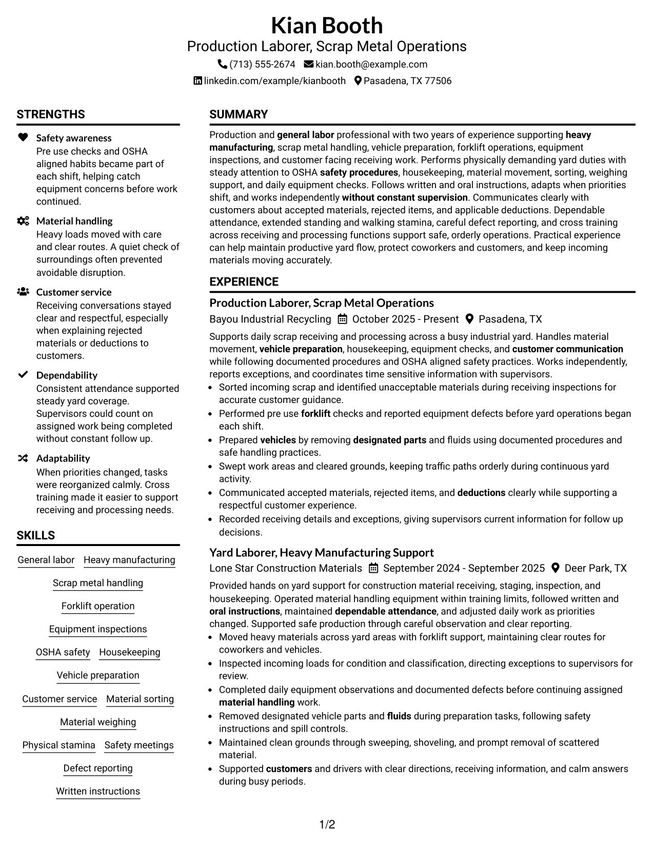 Resume Example Page 1