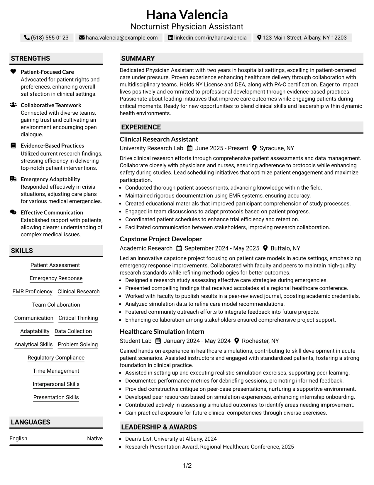 Resume Example Page 1