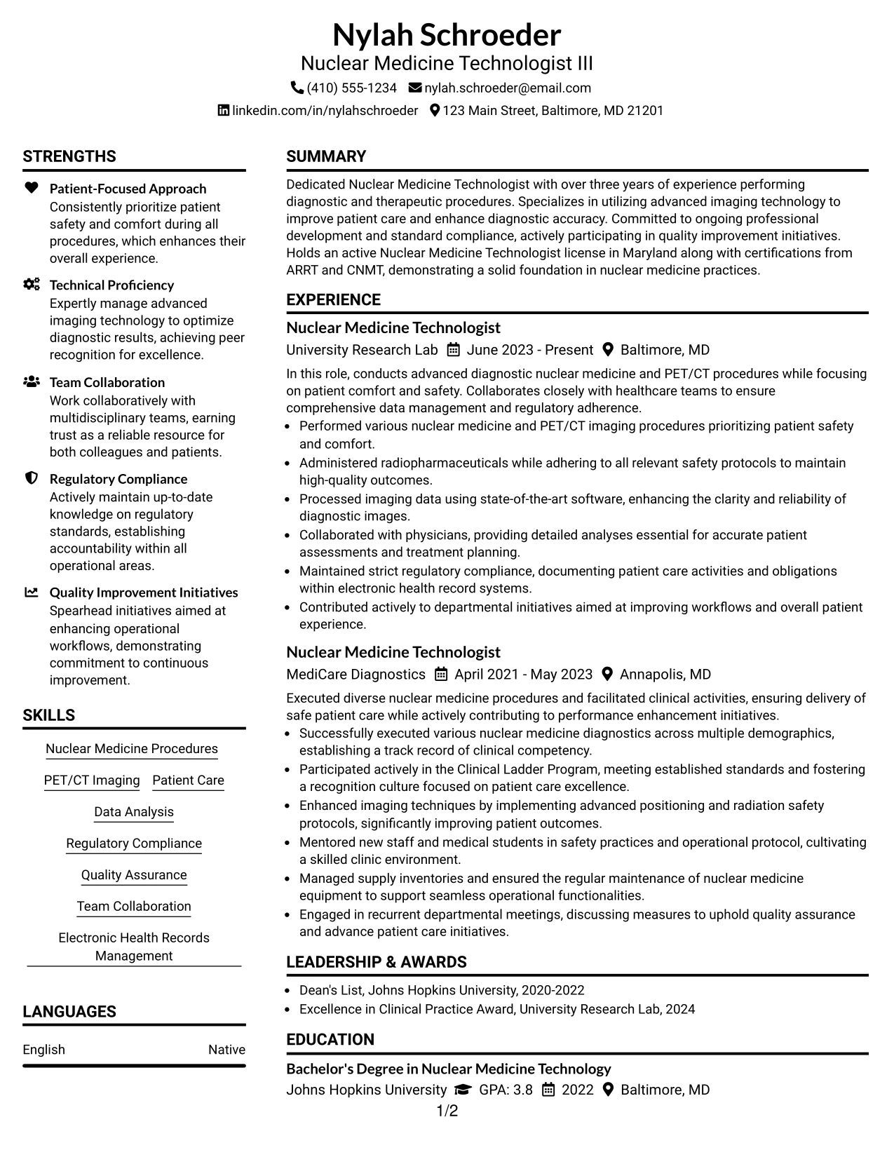Resume Example Page 1