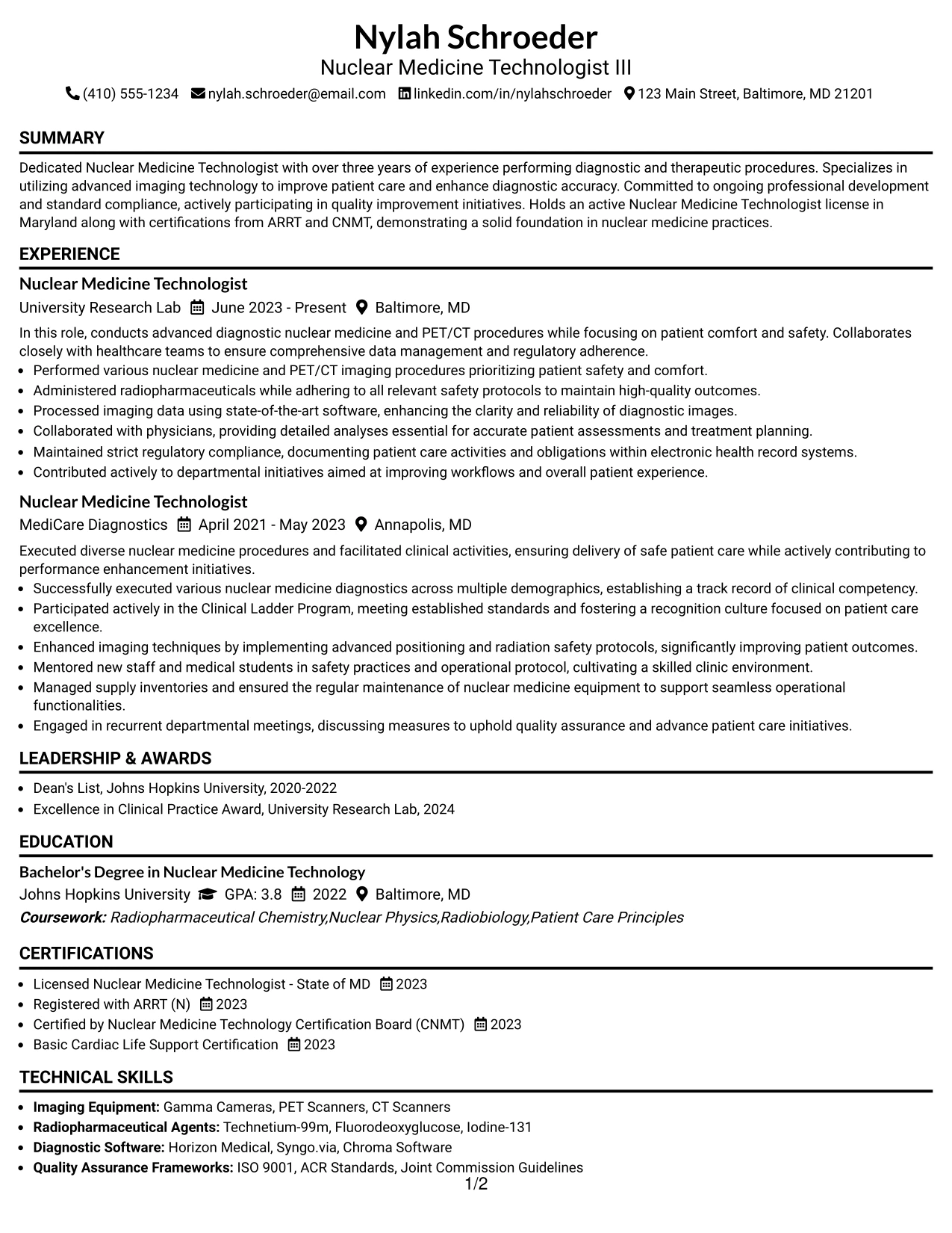 Resume Example Page 1