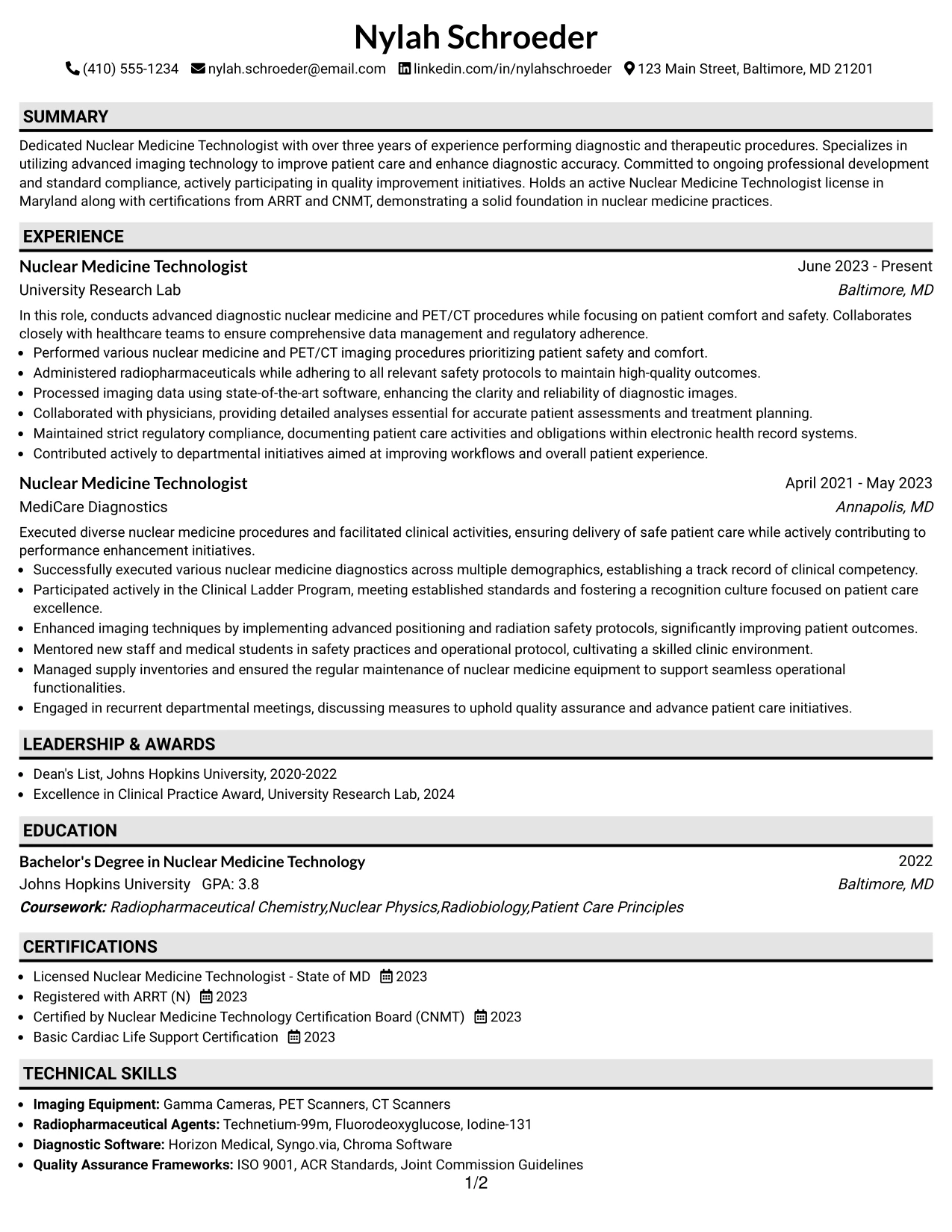 Resume Example Page 1