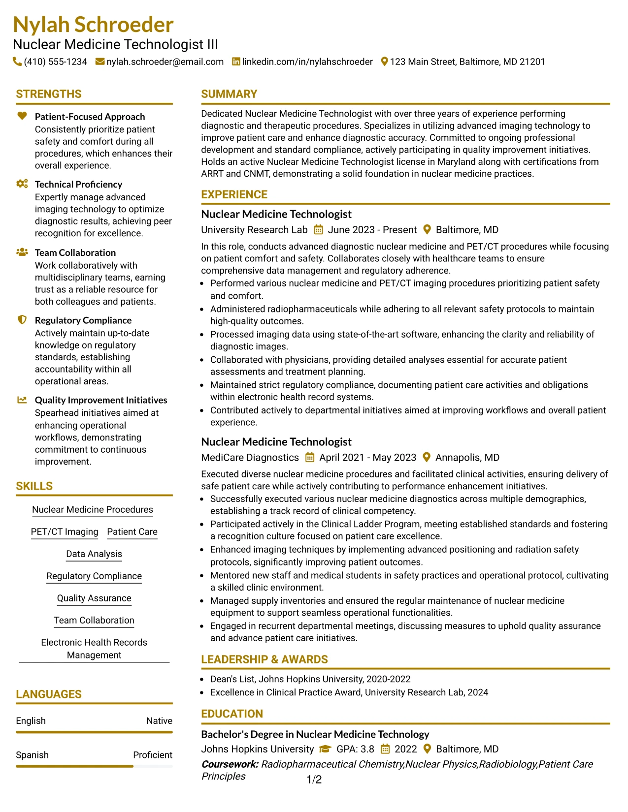 Resume Example Page 1