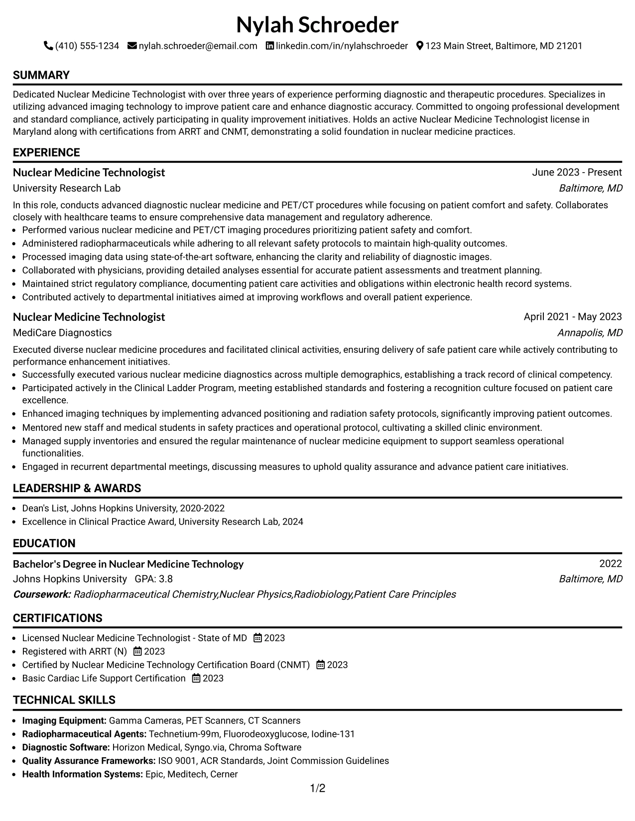 Resume Example Page 1