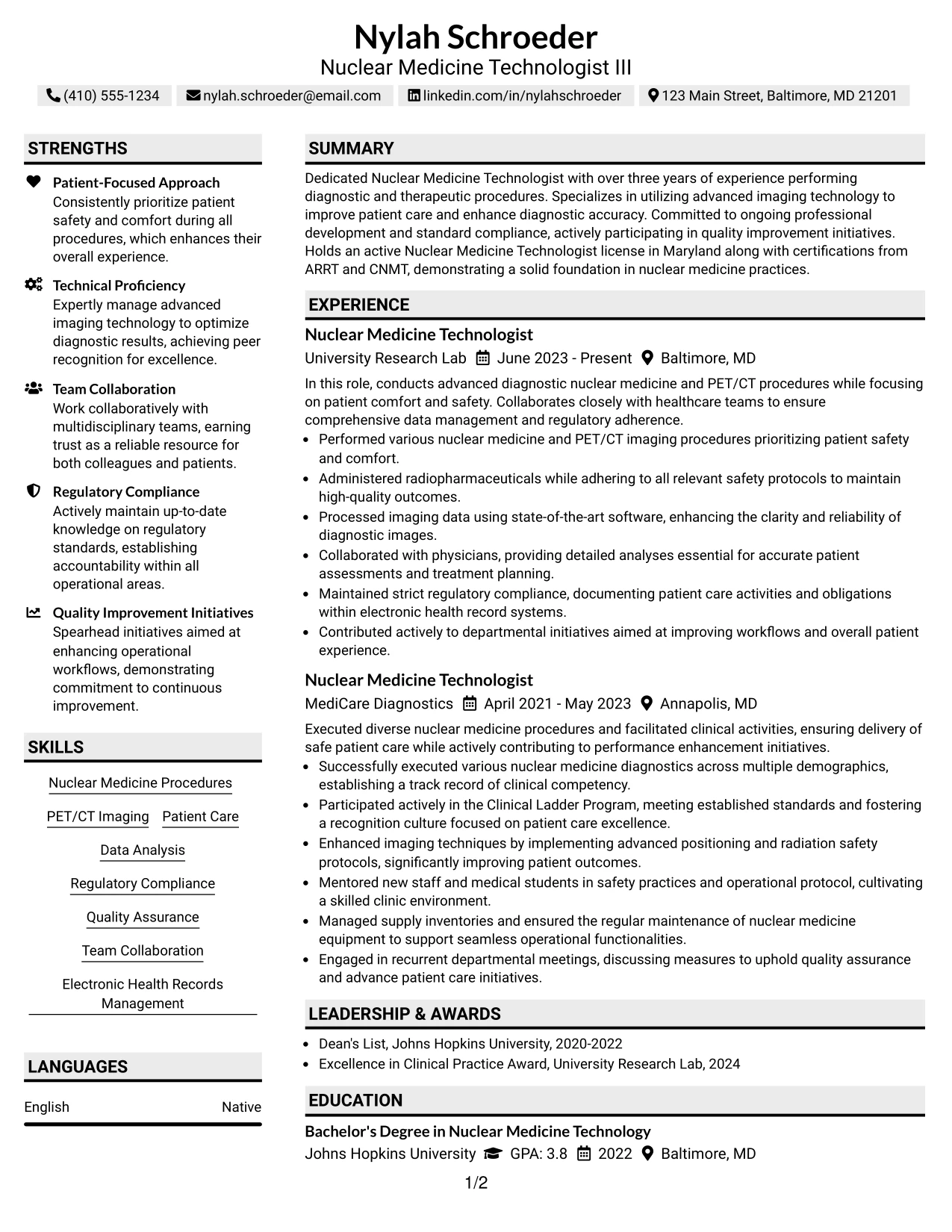Resume Example Page 1