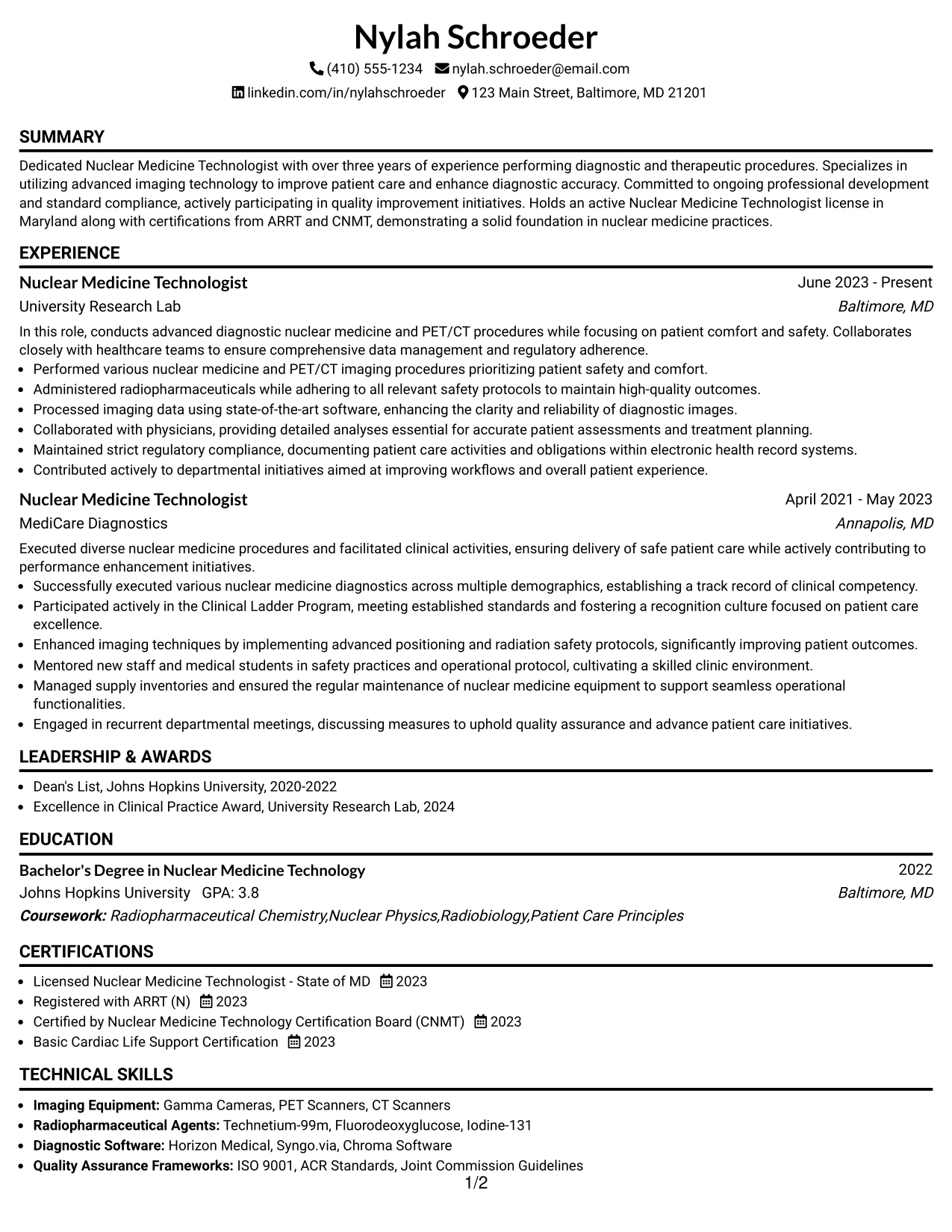 Resume Example Page 1