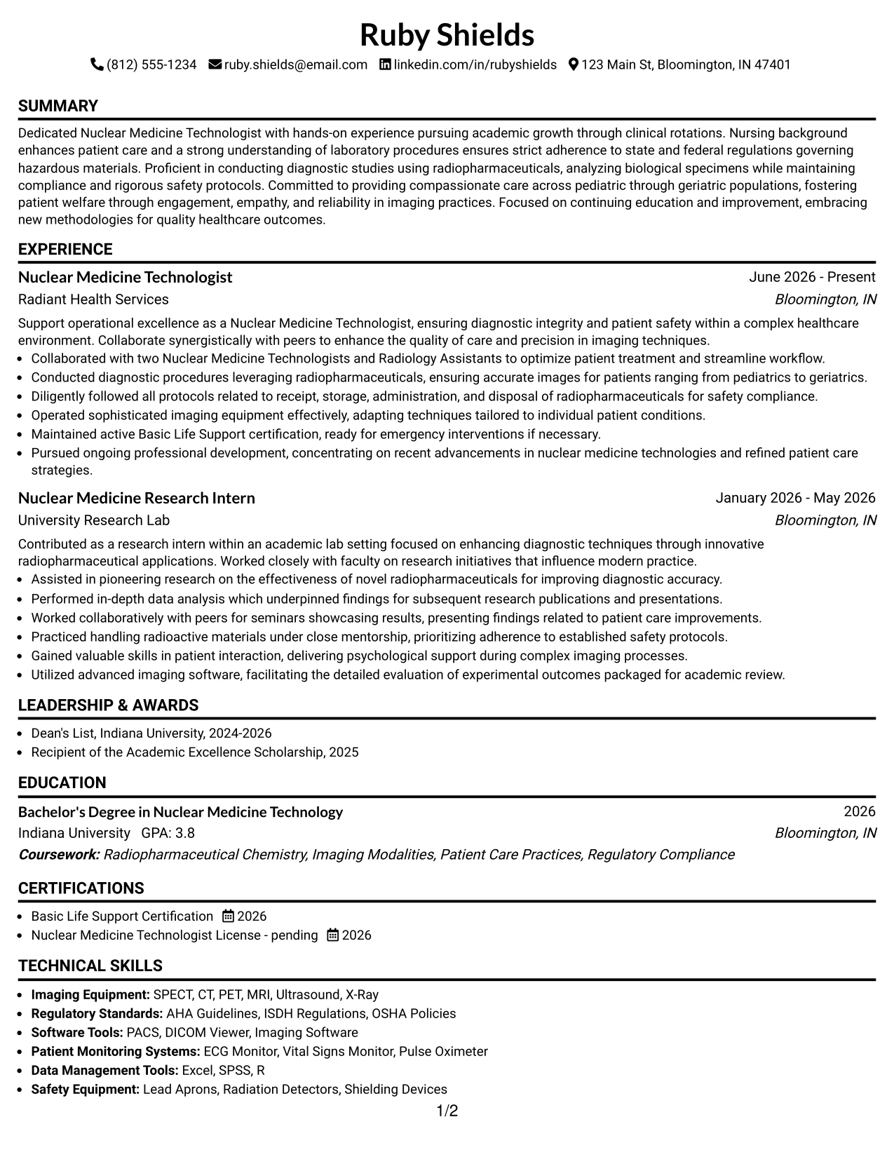 Resume Example Page 1