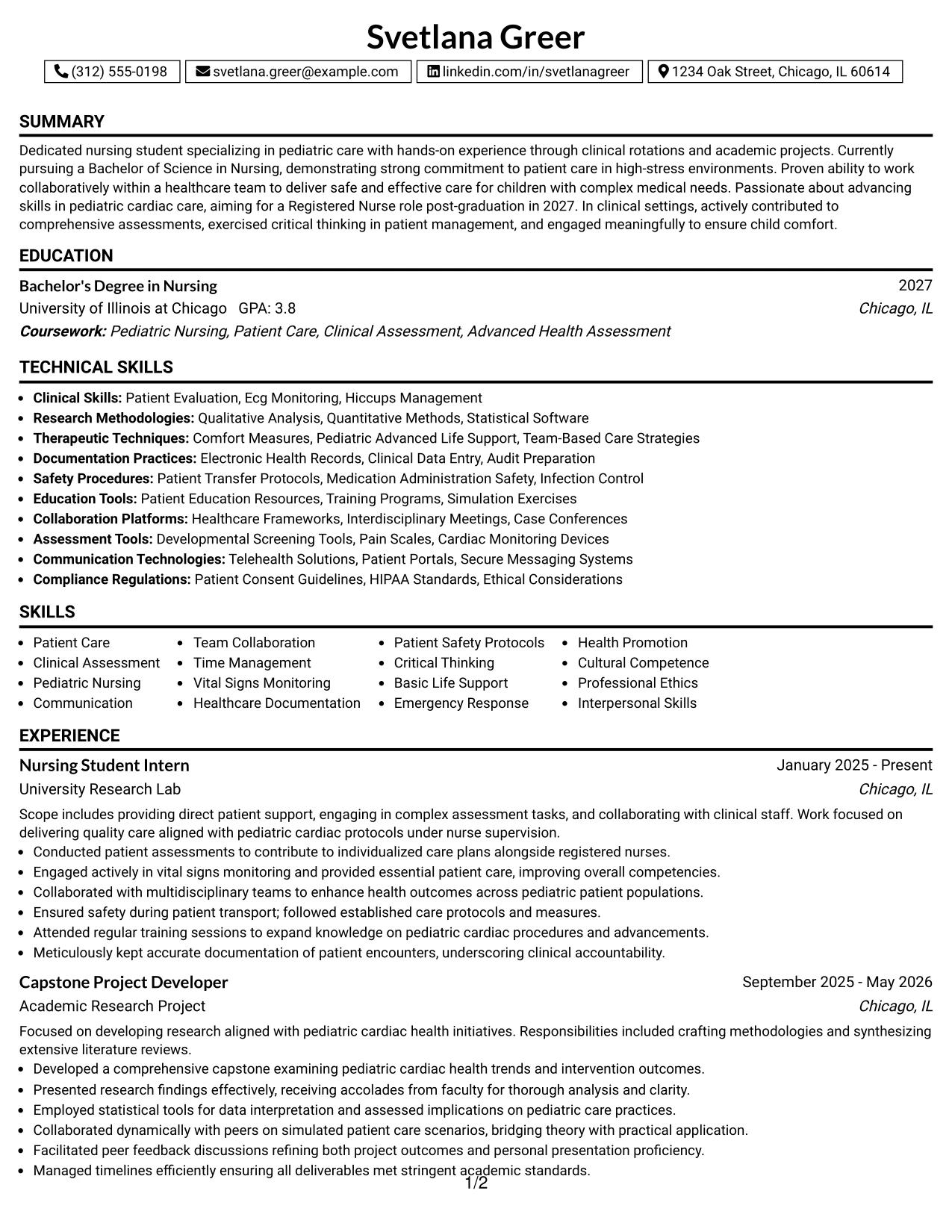 Resume Example Page 1