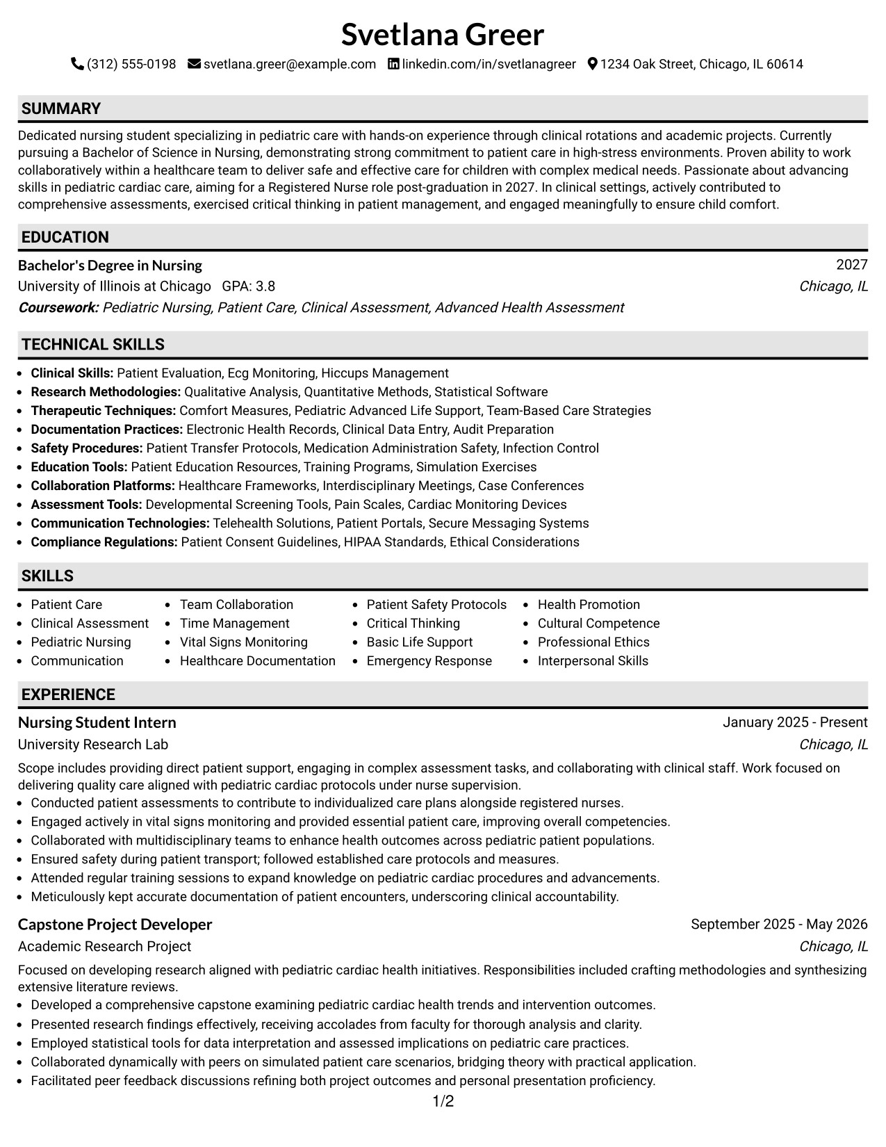 Resume Example Page 1