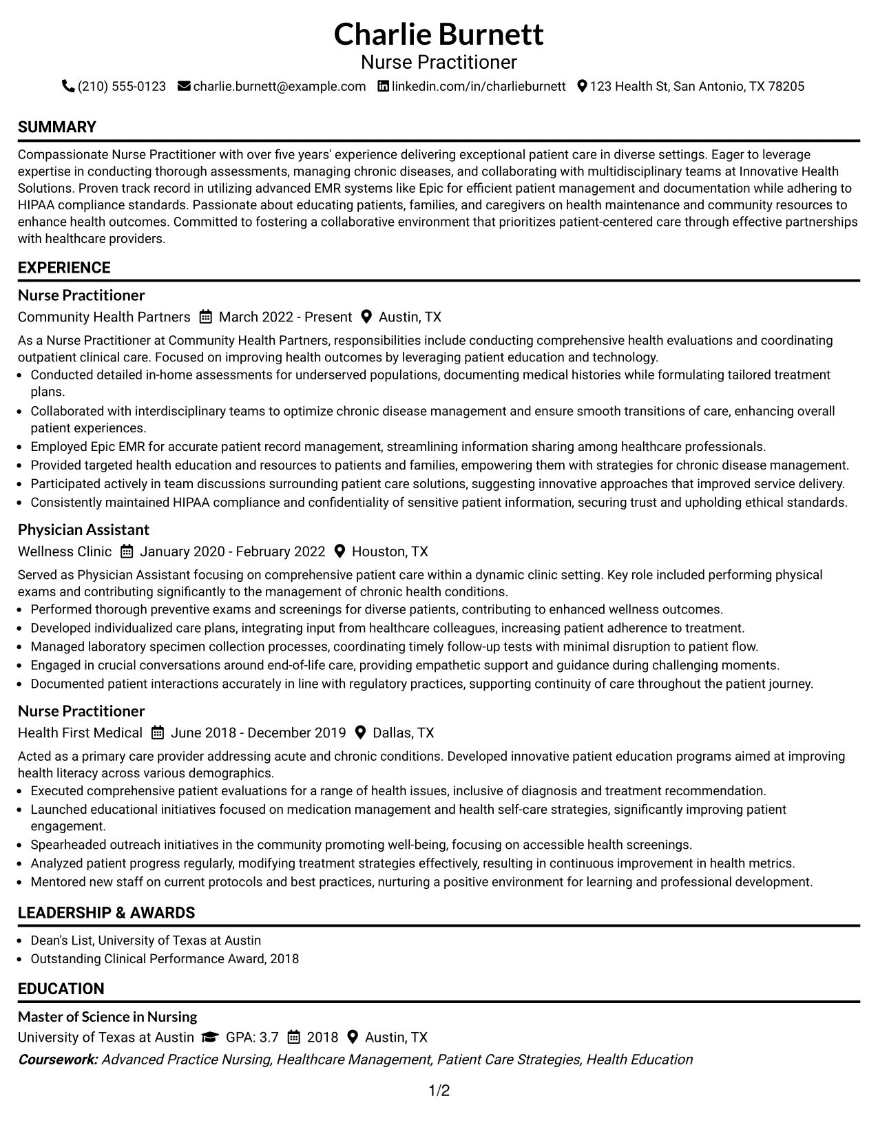 Resume Example Page 1