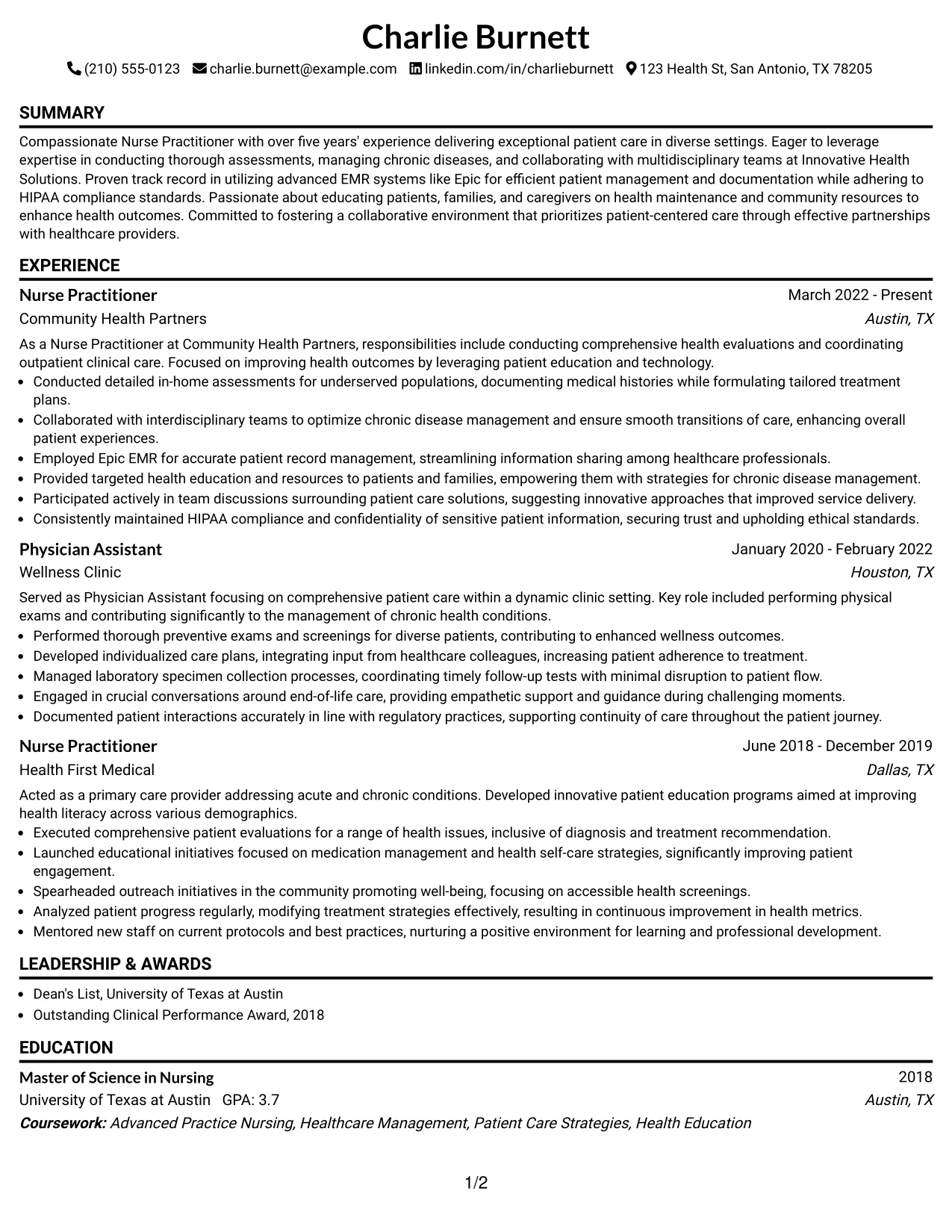 Resume Example Page 1