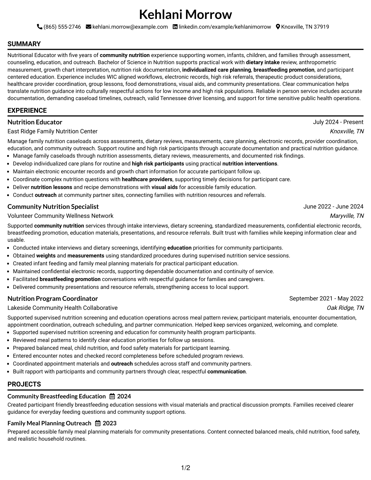 Resume Example Page 1