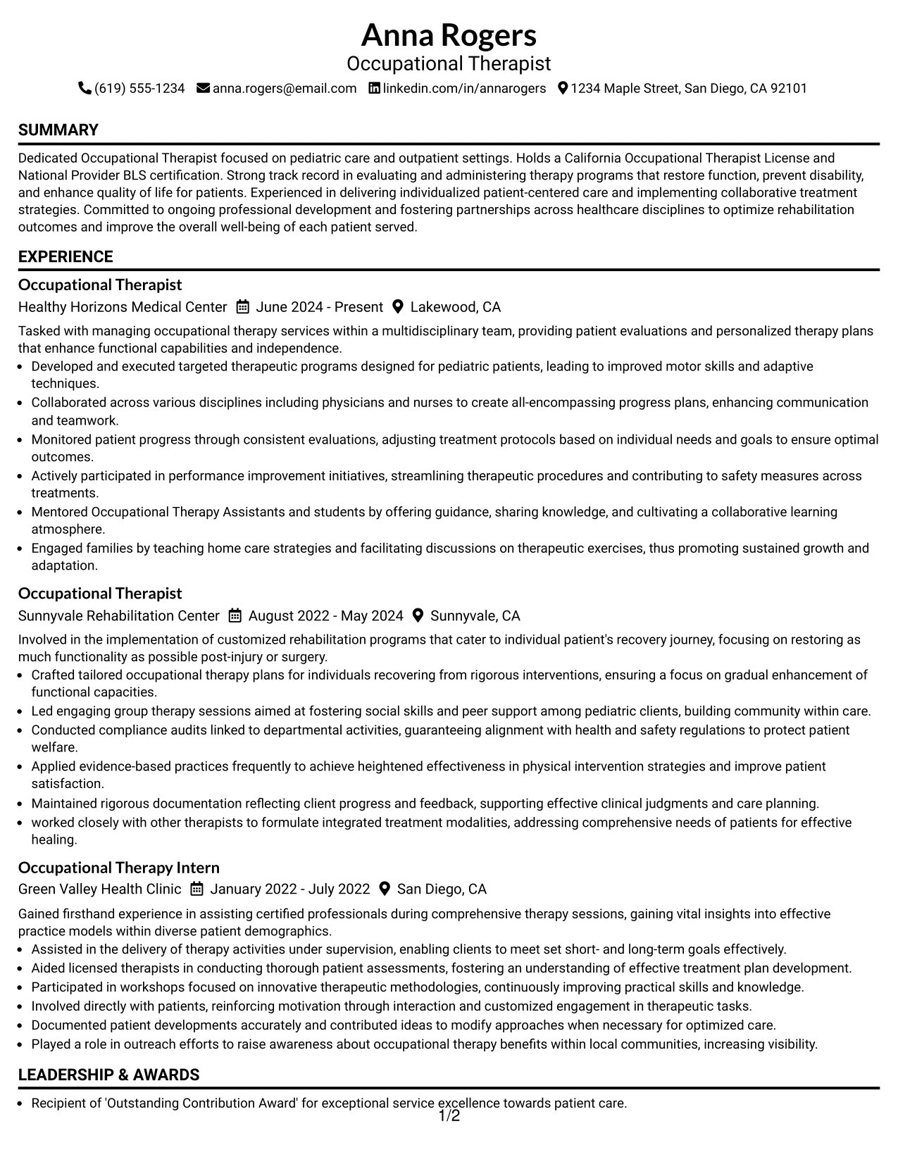 Resume Example Page 1