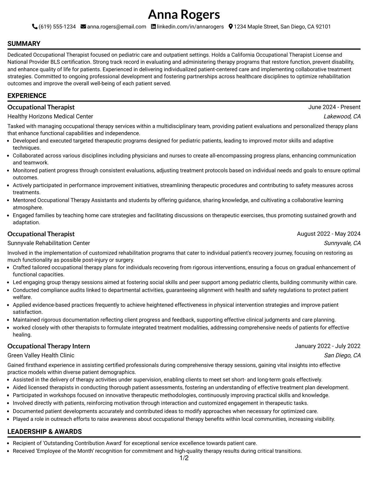 Resume Example Page 1