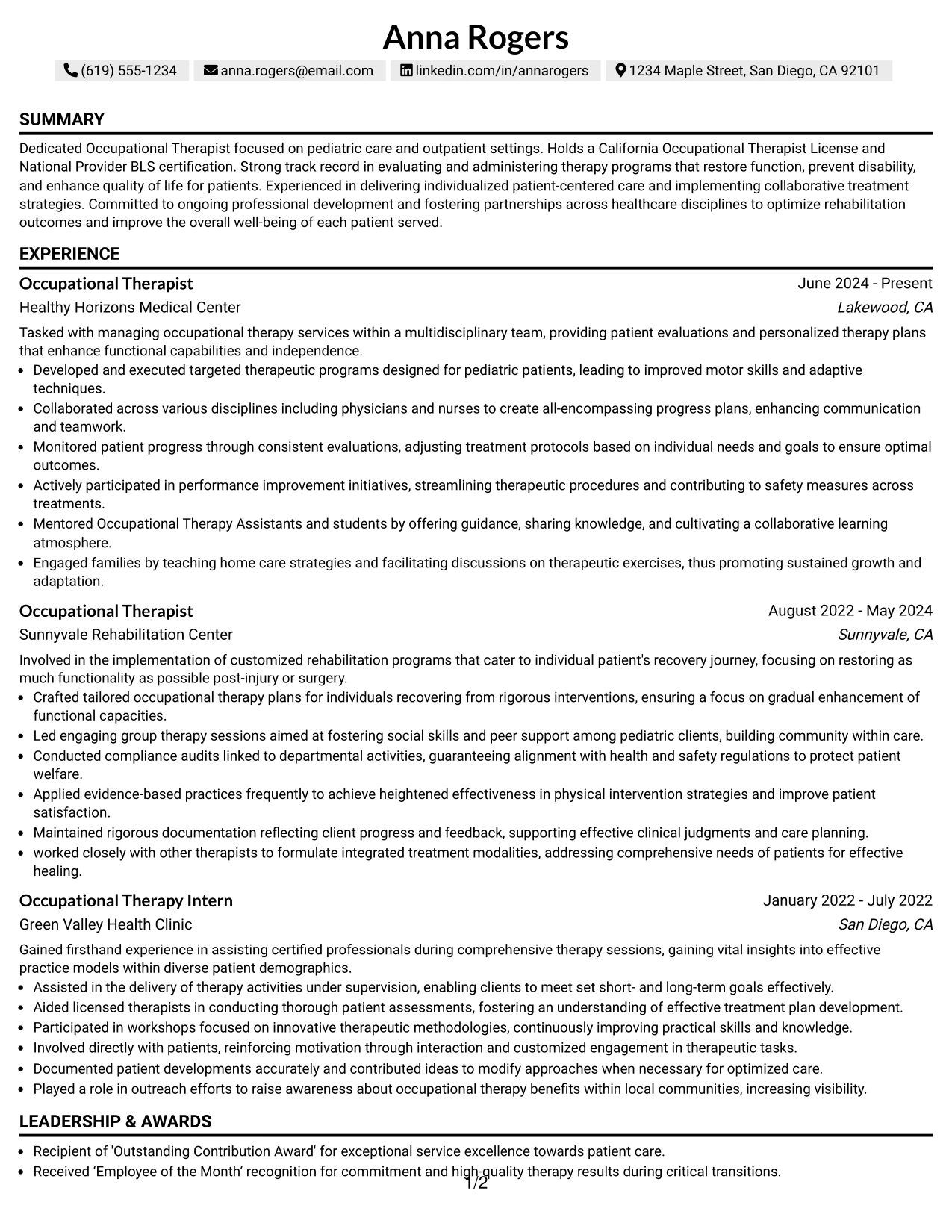 Resume Example Page 1