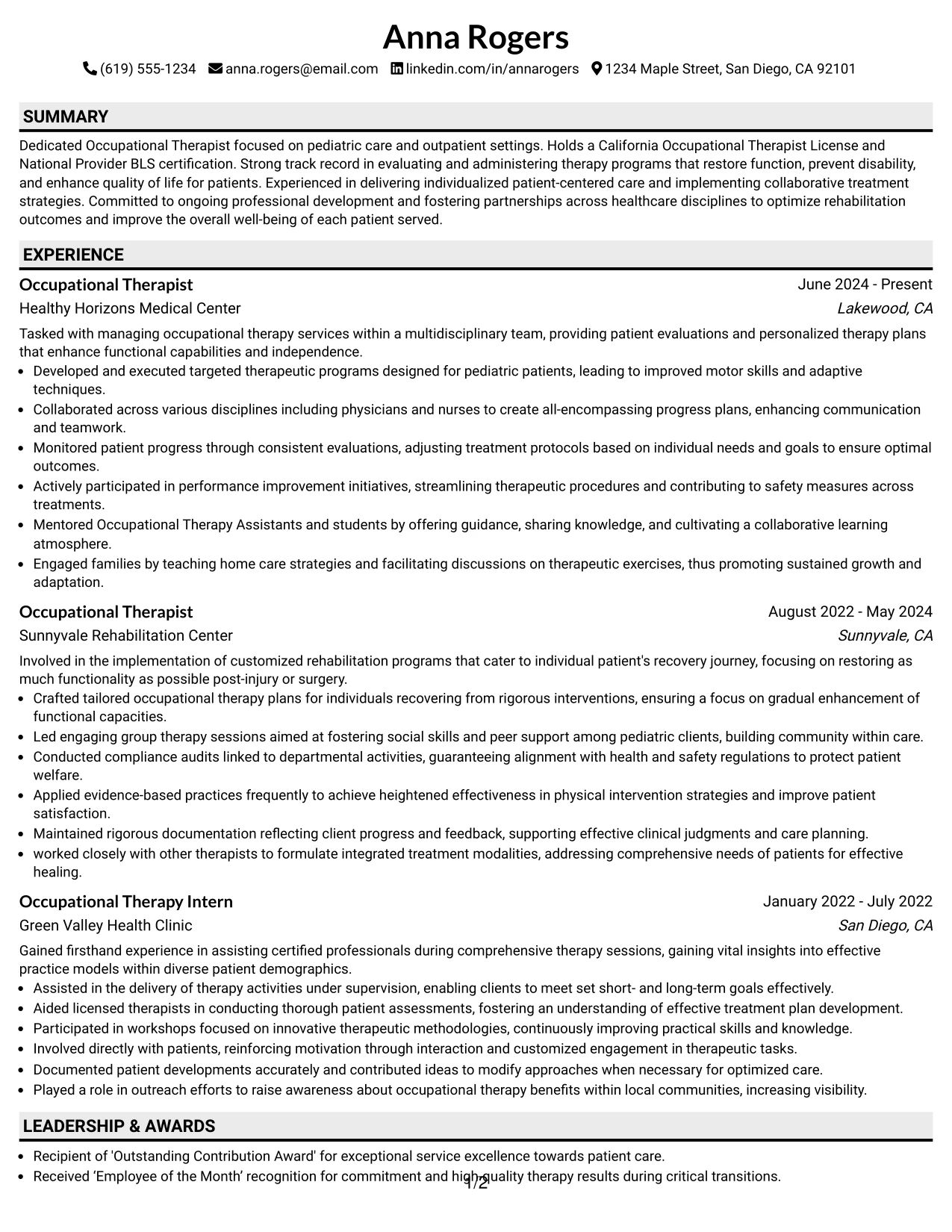 Resume Example Page 1