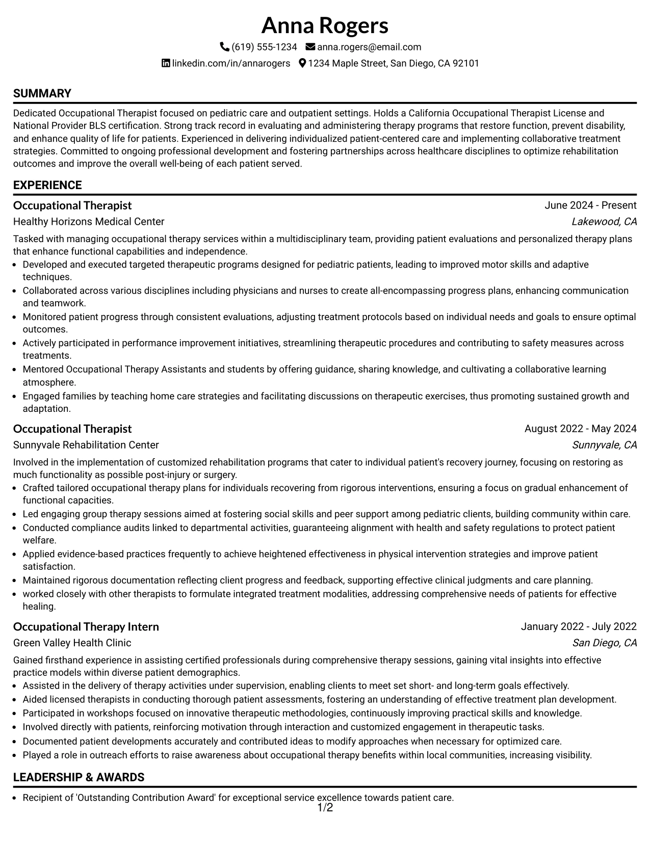 Resume Example Page 1