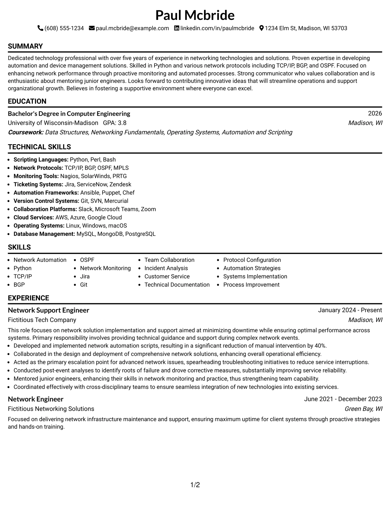 Resume Example Page 1