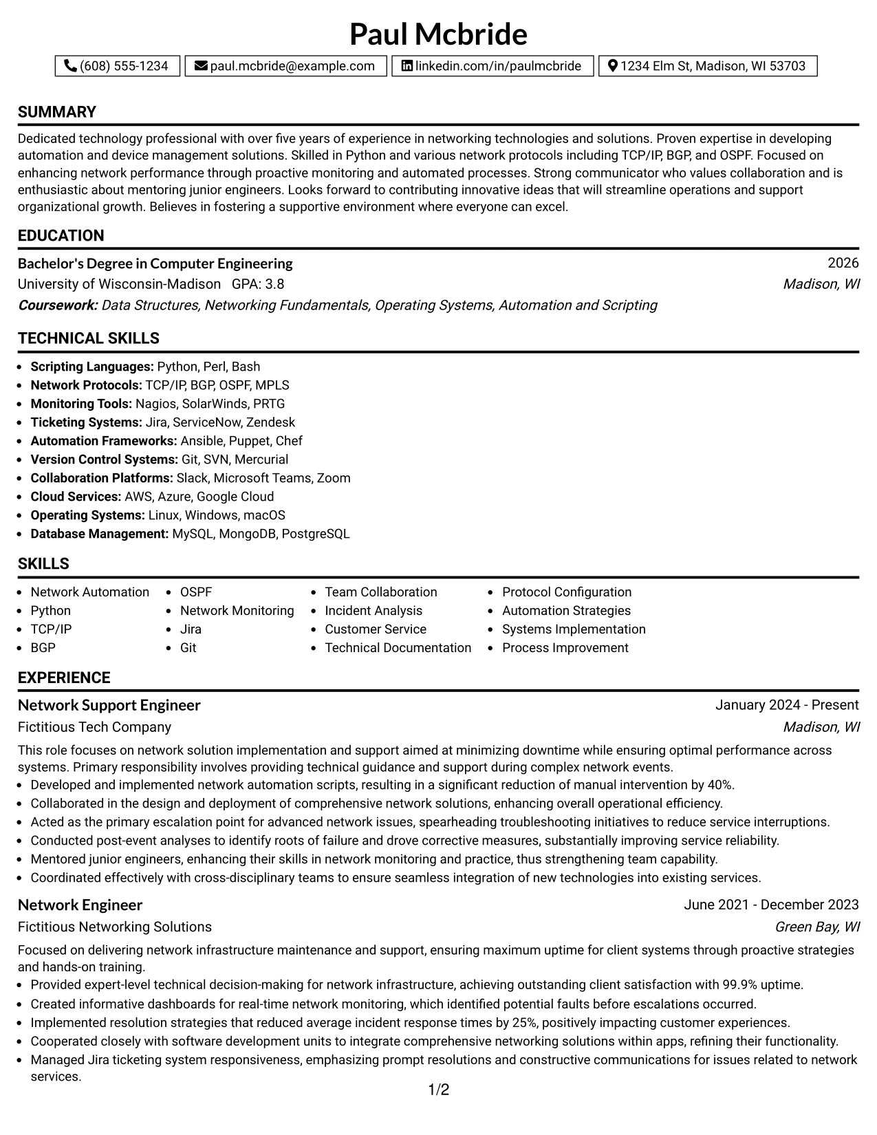 Resume Example Page 1