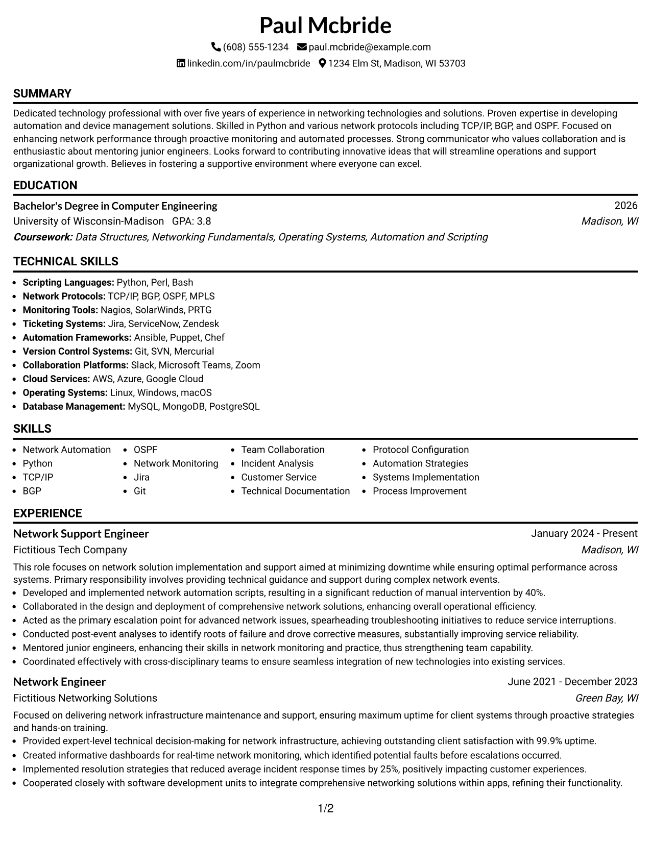 Resume Example Page 1
