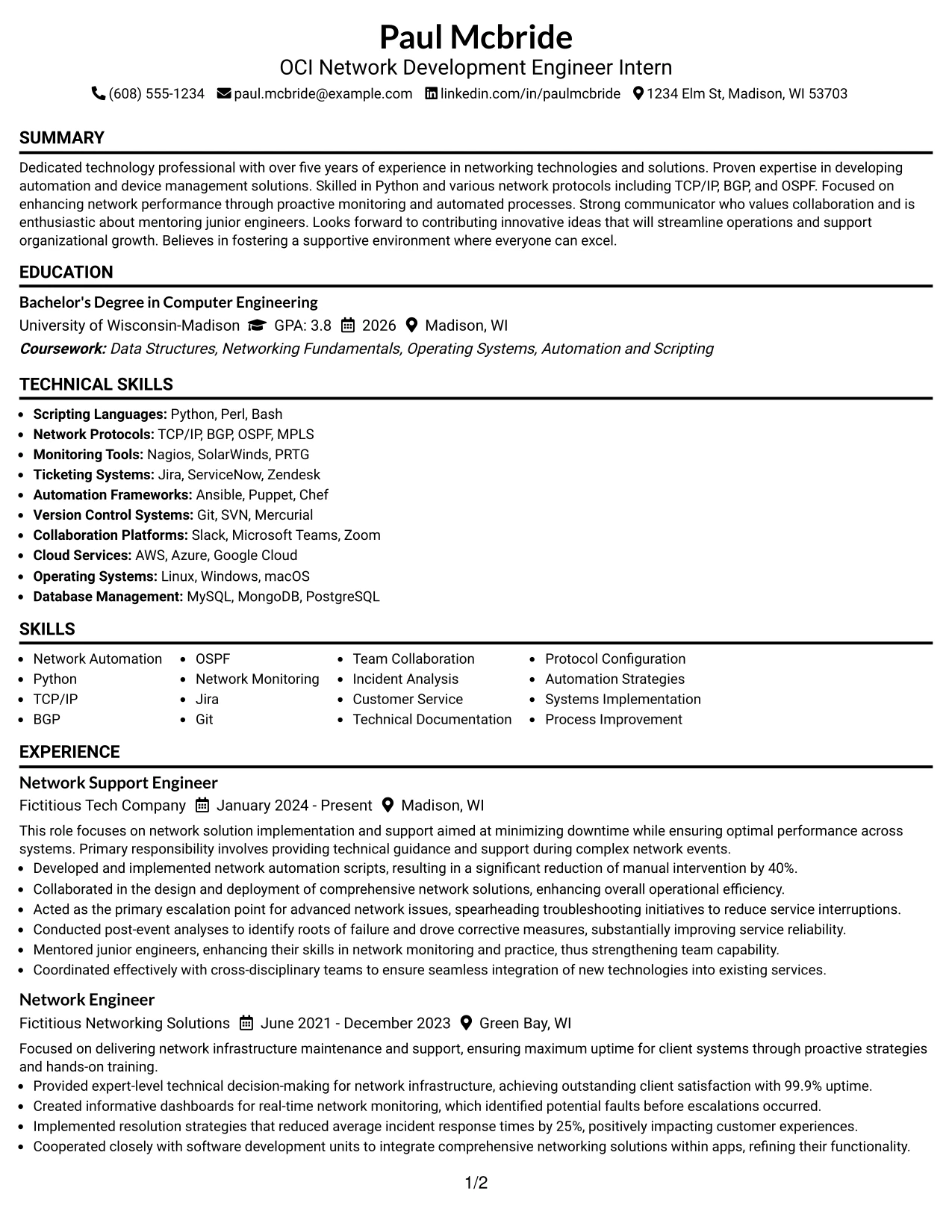 Resume Example Page 1