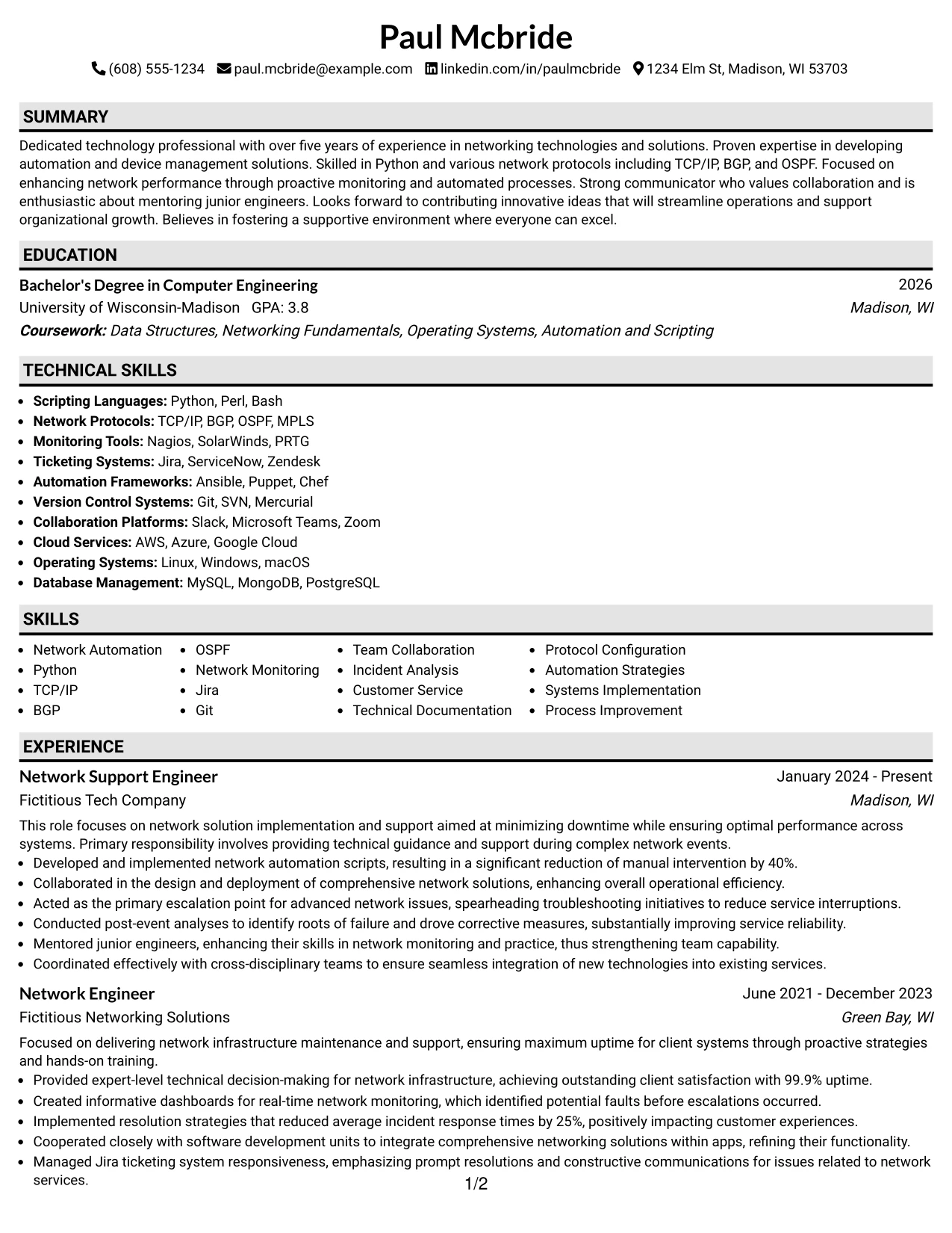 Resume Example Page 1