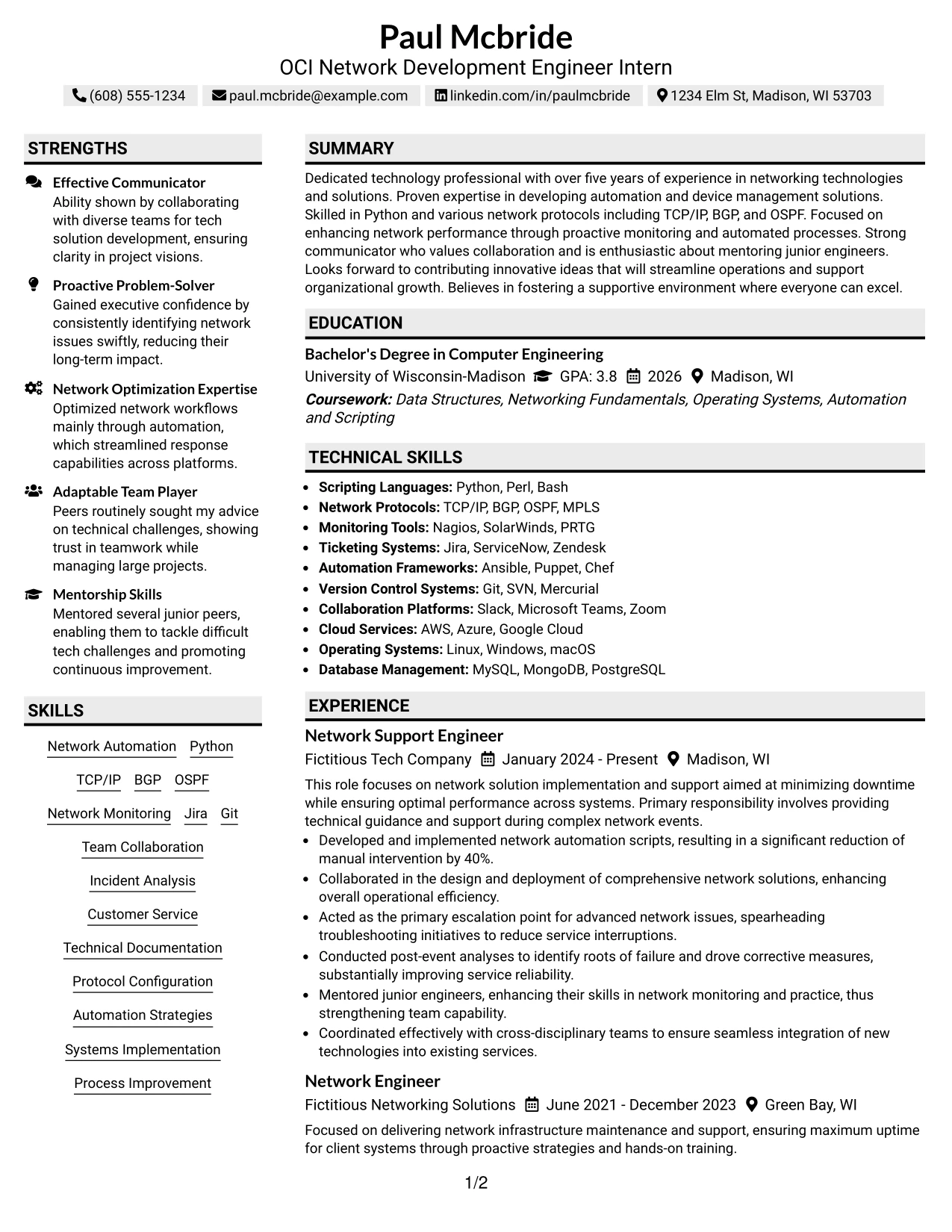 Resume Example Page 1