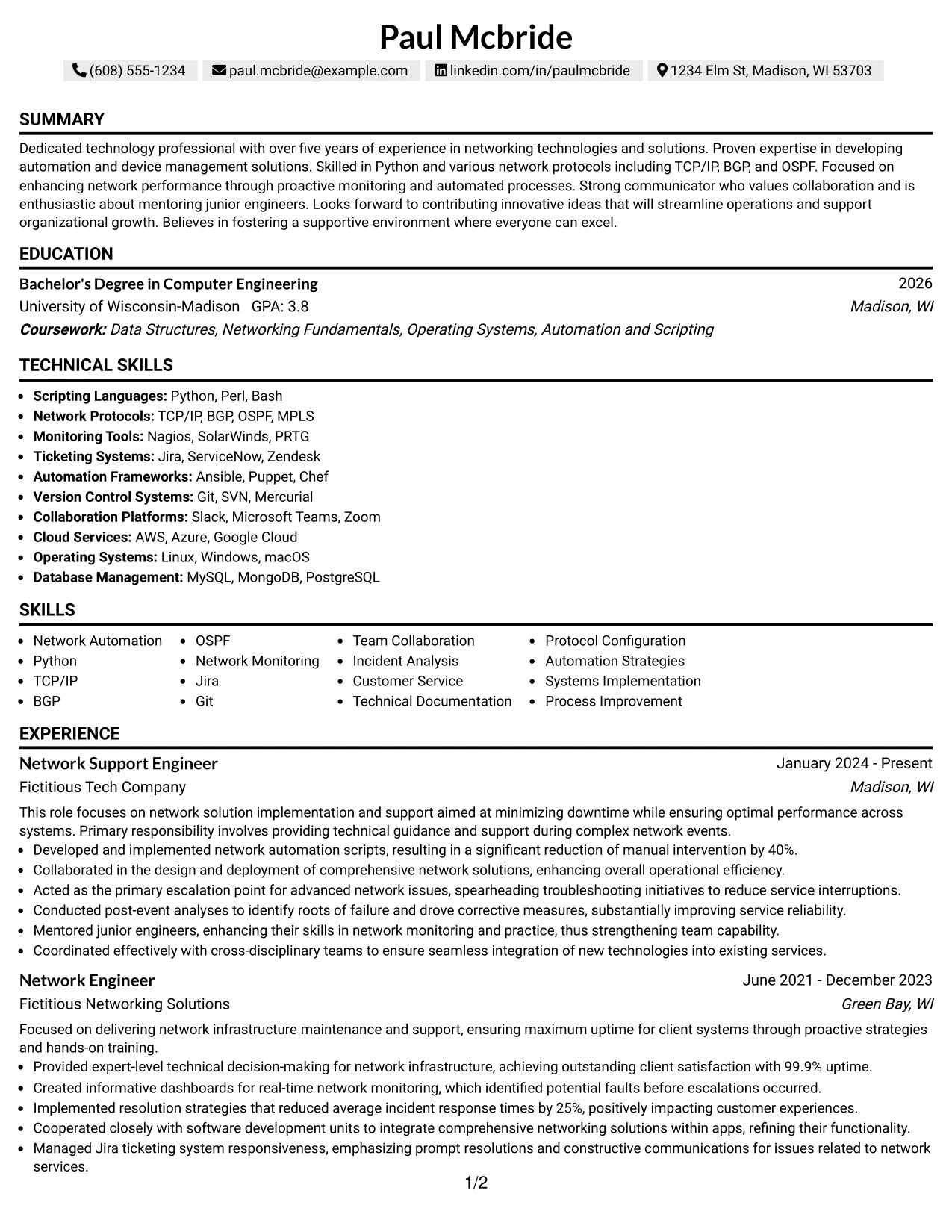 Resume Example Page 1