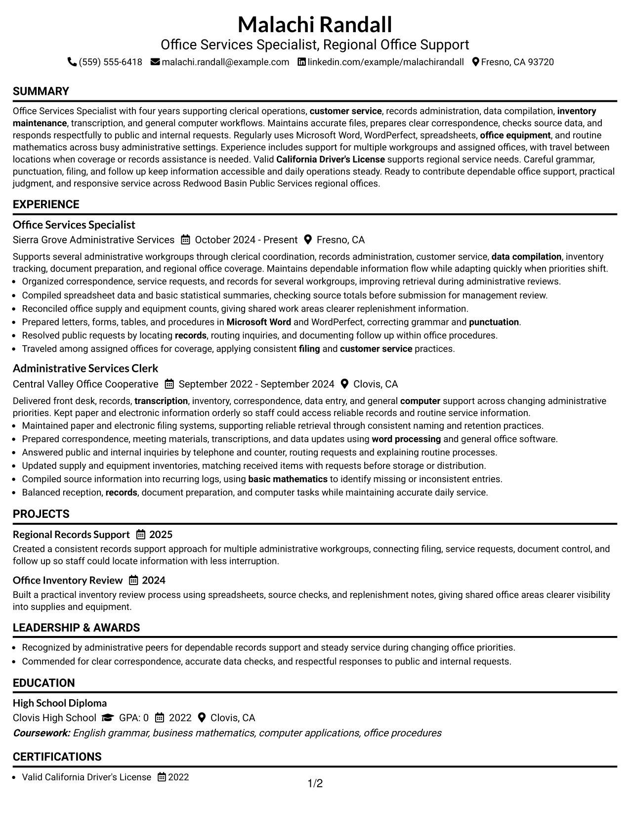 Resume Example Page 1