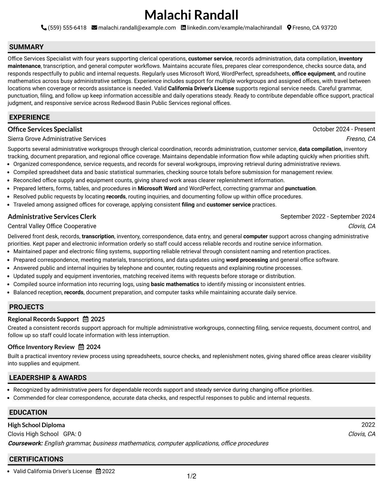 Resume Example Page 1