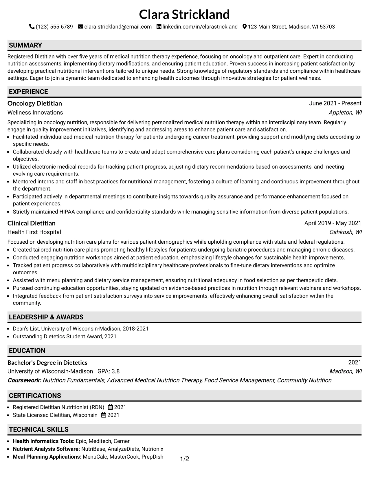 Resume Example Page 1