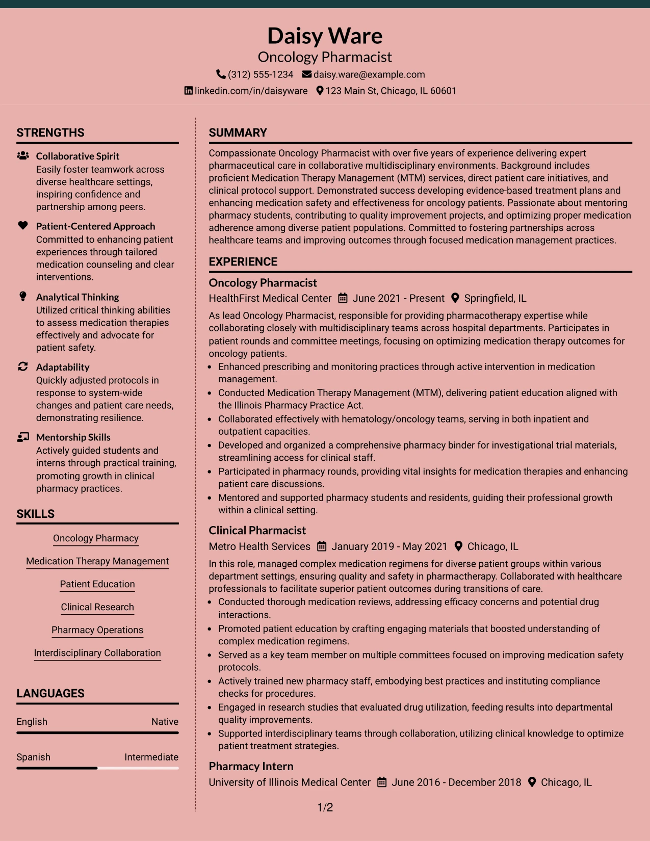 Resume Example Page 1