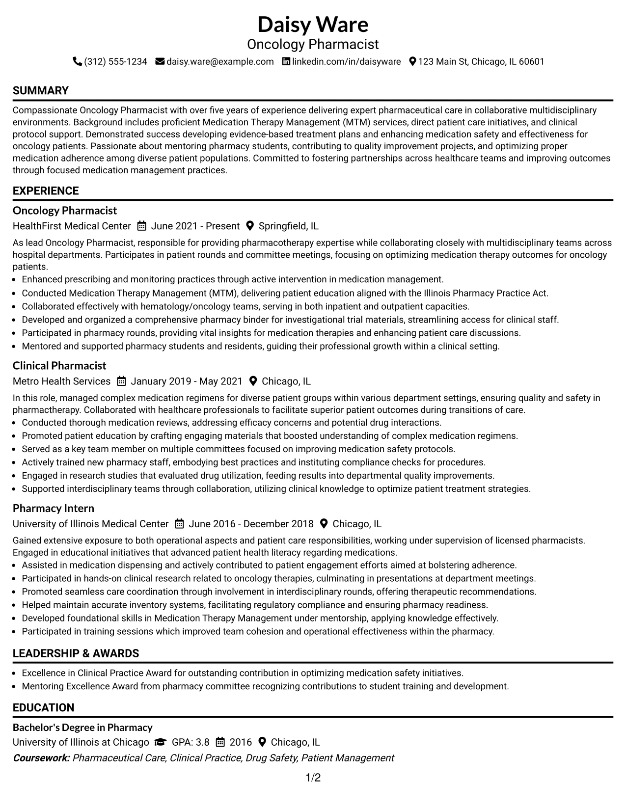 Resume Example Page 1