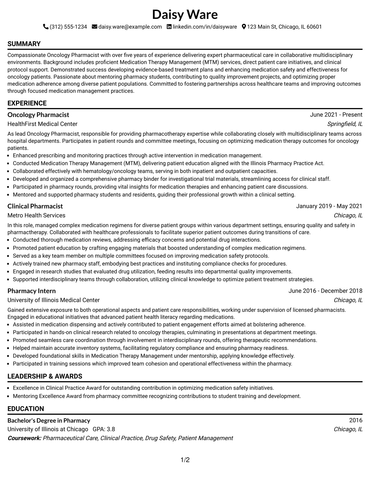 Resume Example Page 1